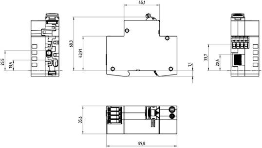 Technický výkres elektrické součástky s rozměry: 89,8 mm x 36,6 mm x 68,3 mm. Pohled zepředu, seshora a z boku.