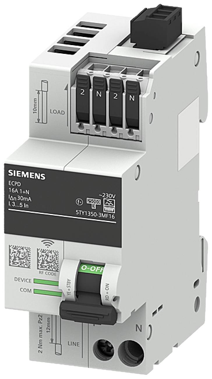 Jednopólový jistič Siemens pro 16A a 230V, včetně QR kódu na přední straně.