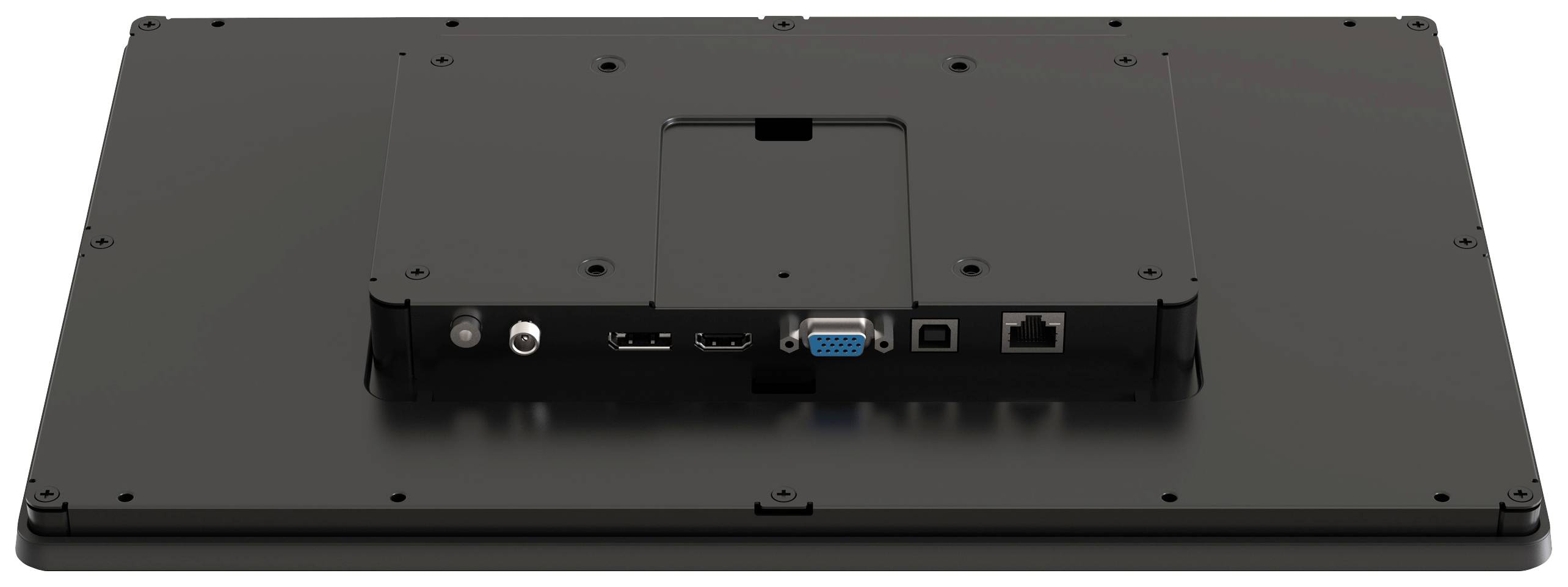Zadní pohled na plochý displej s různými porty: HDMI, VGA, USB, síťový port a audio konektor.