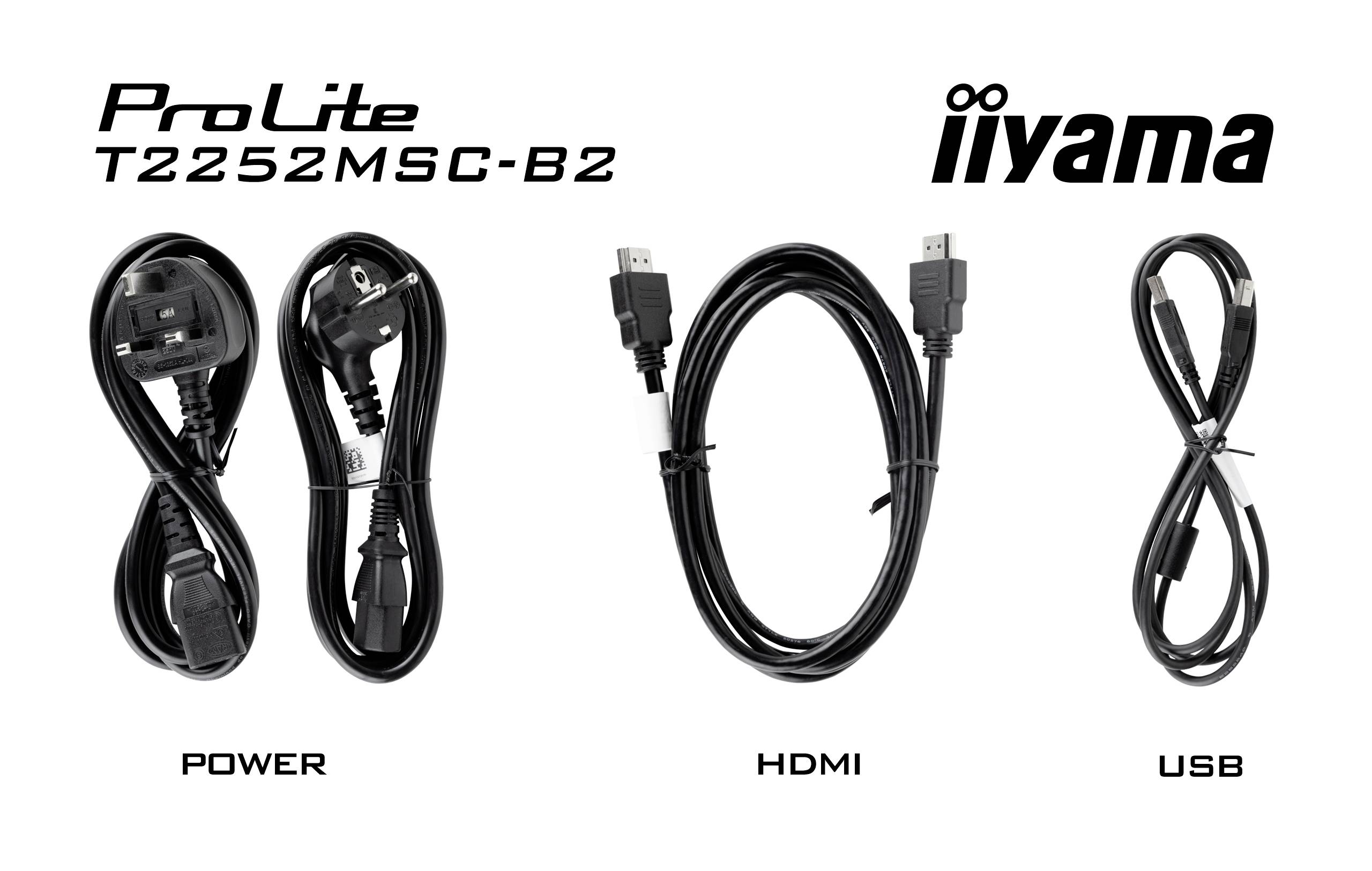 Obrázek tří typů kabelů: napájecí kabel, HDMI kabel, USB kabel, vhodné pro displej iiyama ProLite T2252MSC-B2.