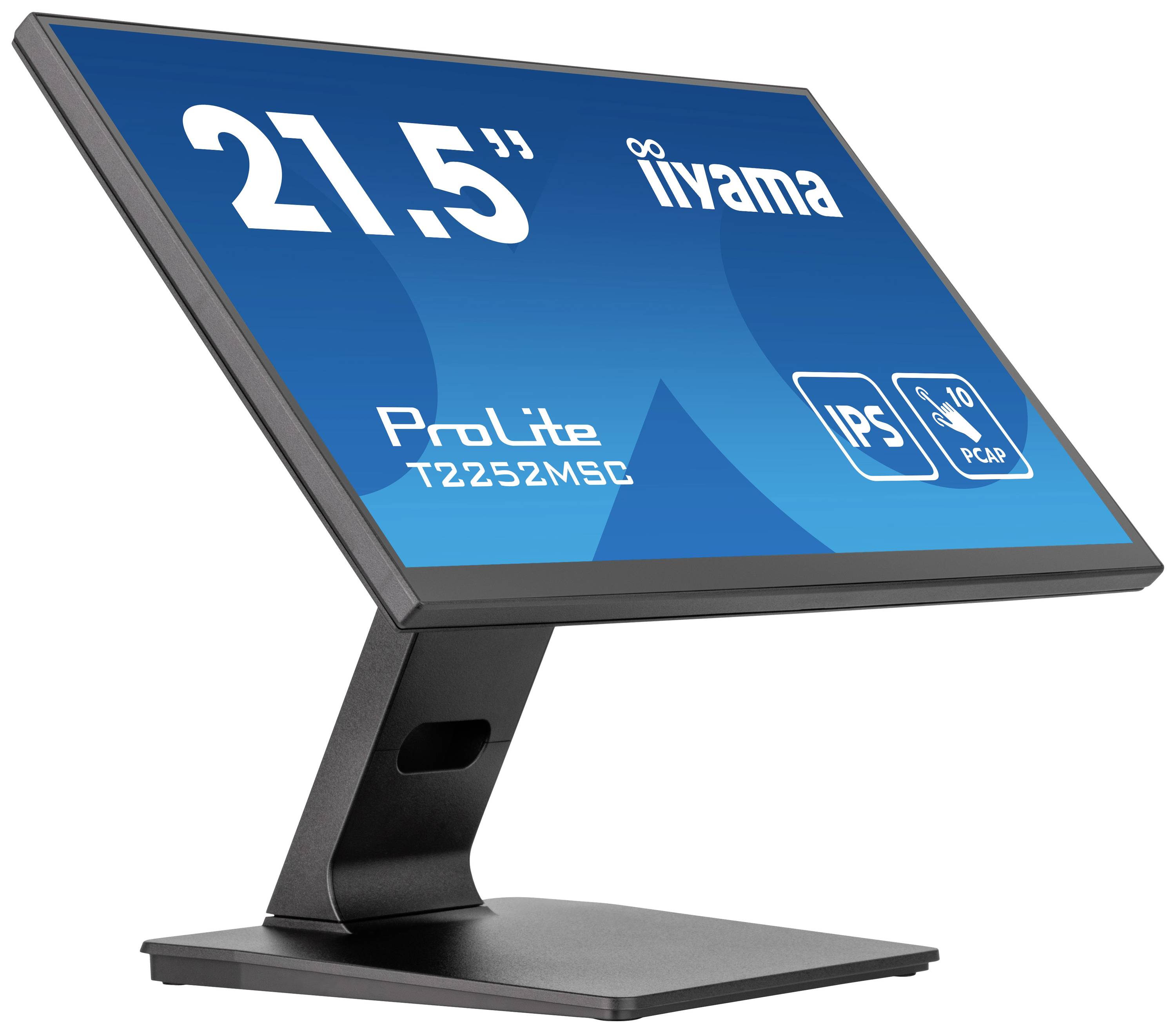 Černý počítačový monitor společnosti iiyama zobrazuje na obrazovce označení '21.5" ProLite T2252MSC' na modrém pozadí.