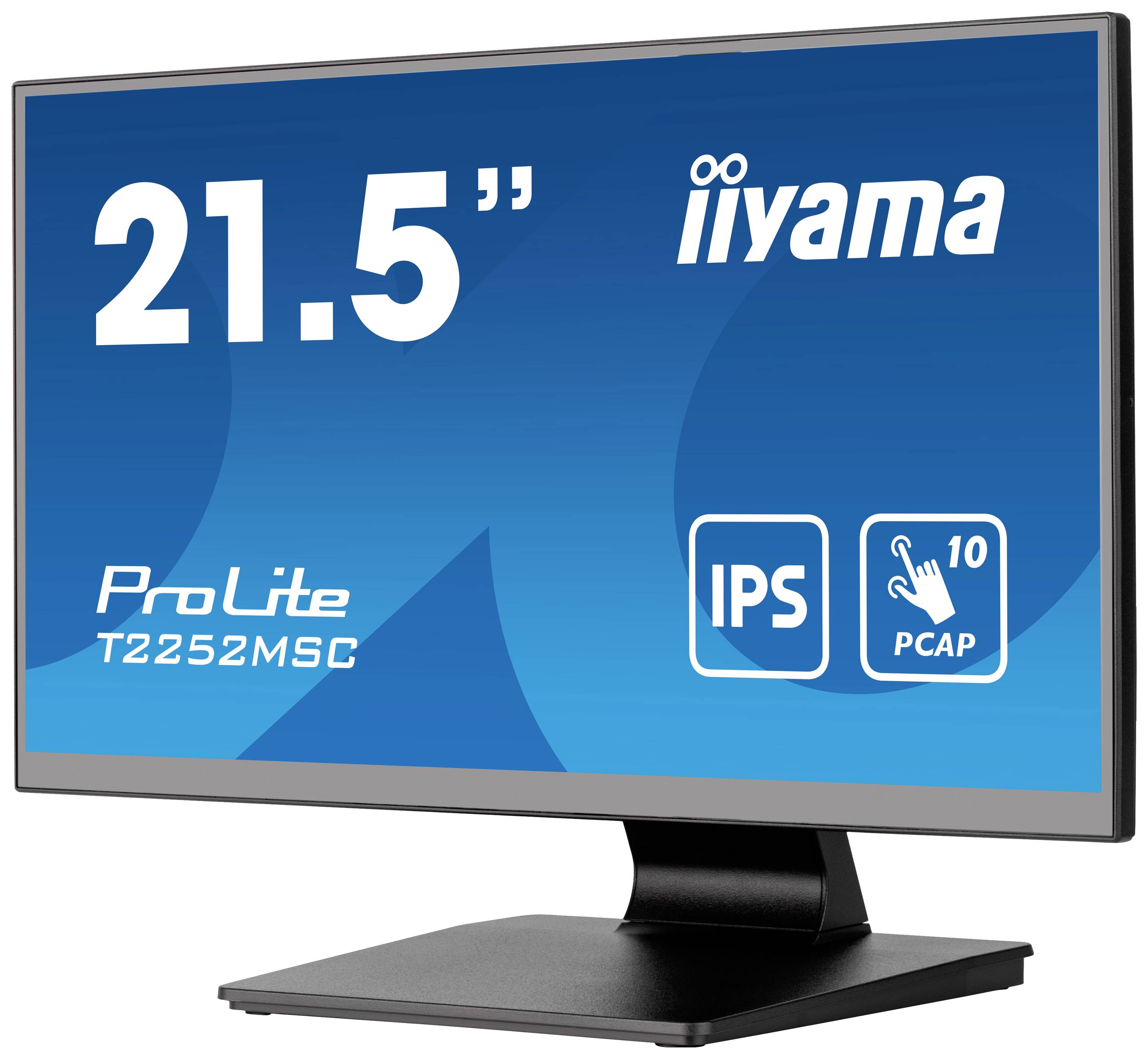 21,5palcový monitor iiyama modelu T2252MSC s technologií IPS a PCAP umístěný na podstavci na modrém pozadí.