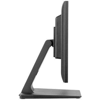 Boční pohled na černý počítačový monitor s elegantním, obdélníkovým stojanem.