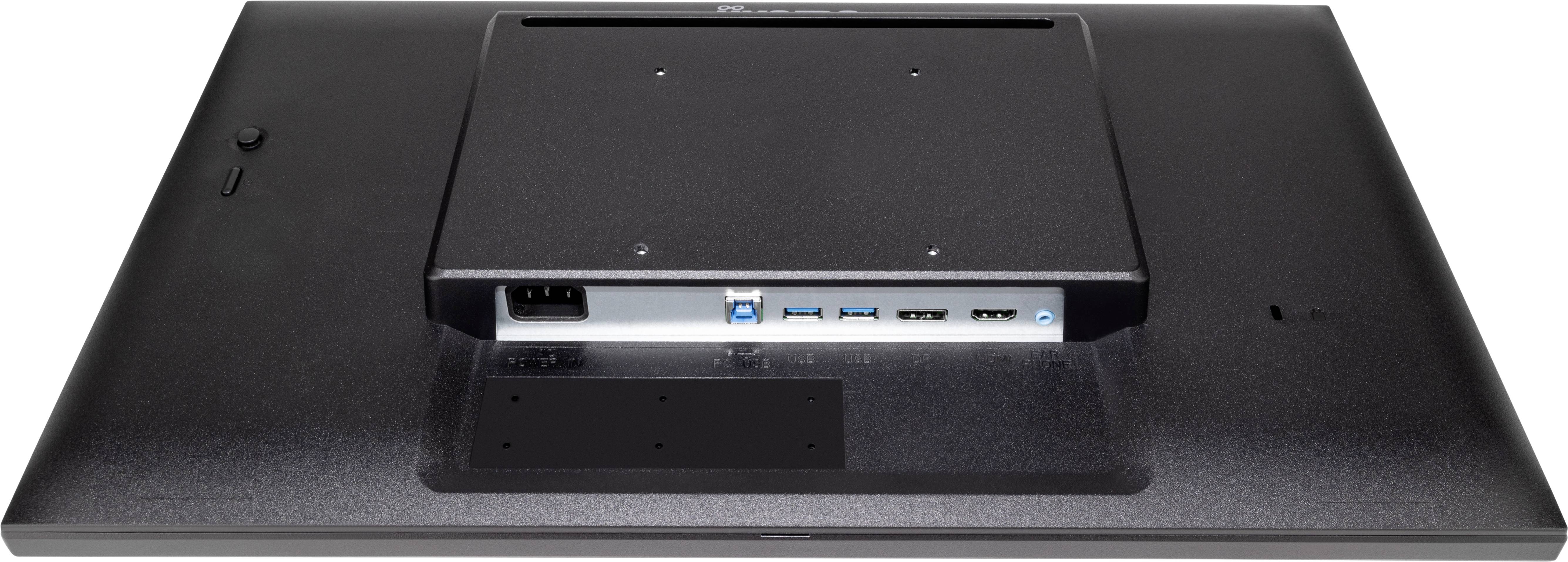 Zadní strana černého monitoru s připojovacími možnostmi, jako jsou USB porty a napájecí konektor, viditelná v obdélníkovém prostoru.
