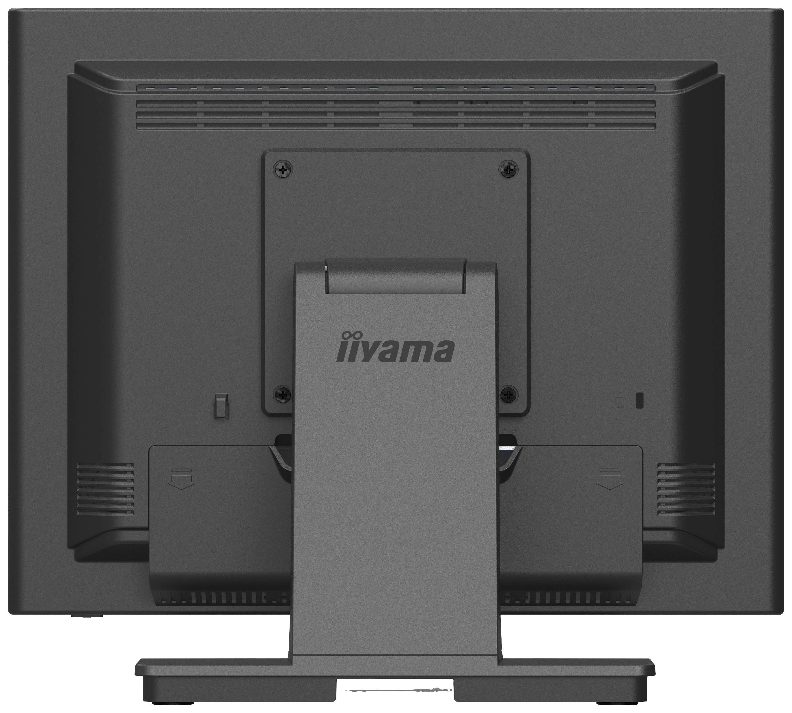 Černý počítačový monitor zezadu s pevnou podstavou. Logo 'iiyama' je viditelné na zadní straně.