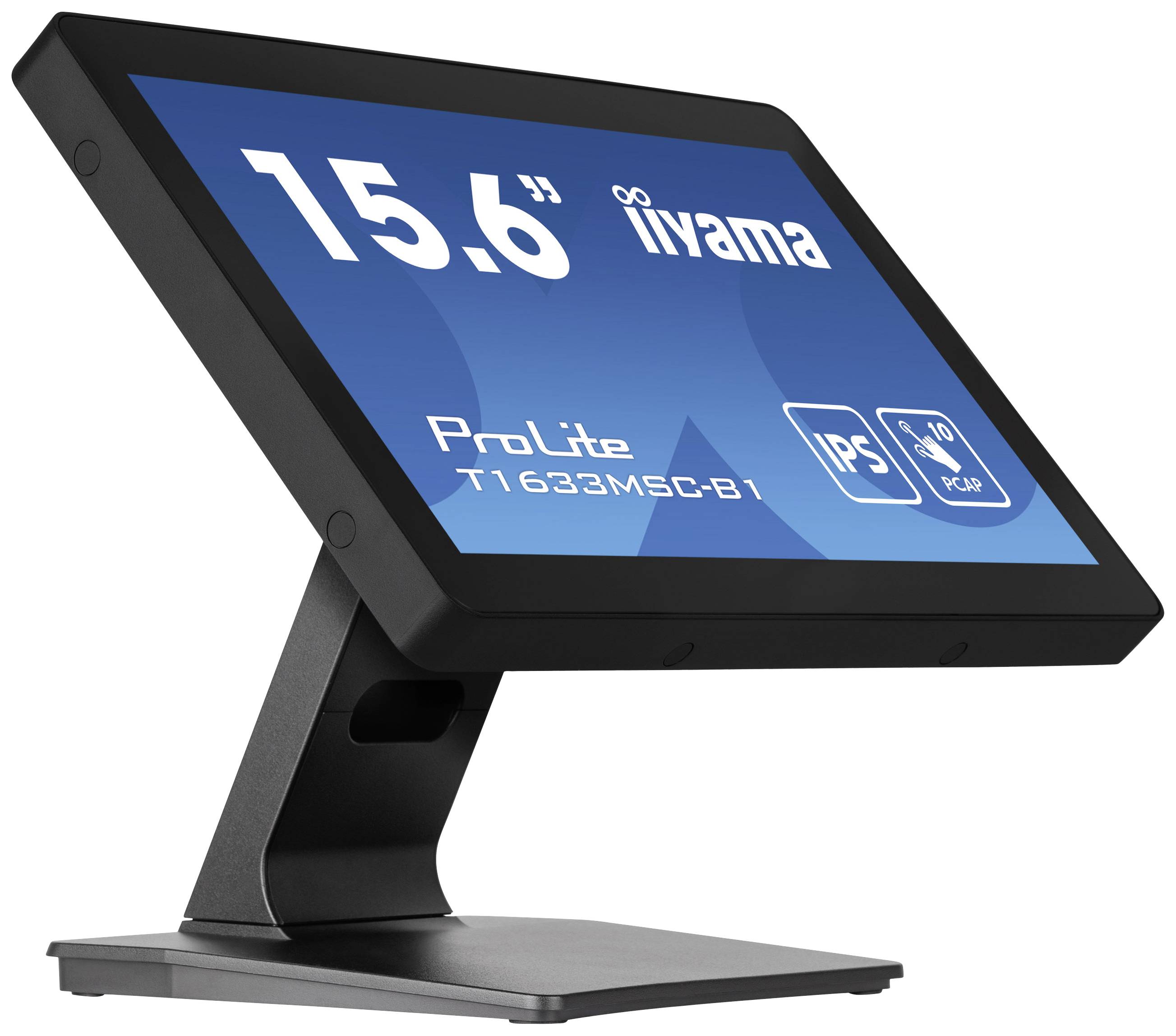 Dotykový monitor Iiyama s úhlopříčkou 15,6 palce, model ProLite T1633MSC-B1. Na obrazovce je zobrazeno '15,6" Iiyama' a 'IPS'.