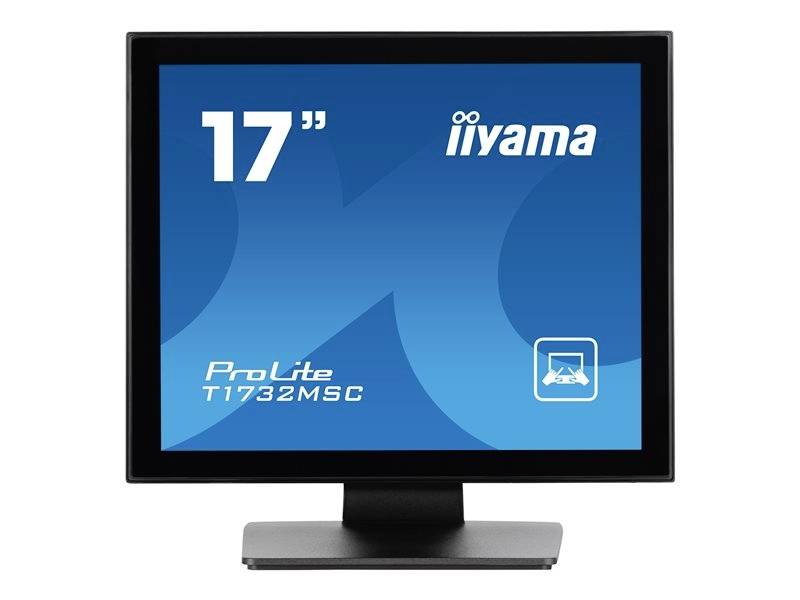 Černý, čtvercový monitor zobrazuje text '17" iiyama ProLite T1732MSC'.