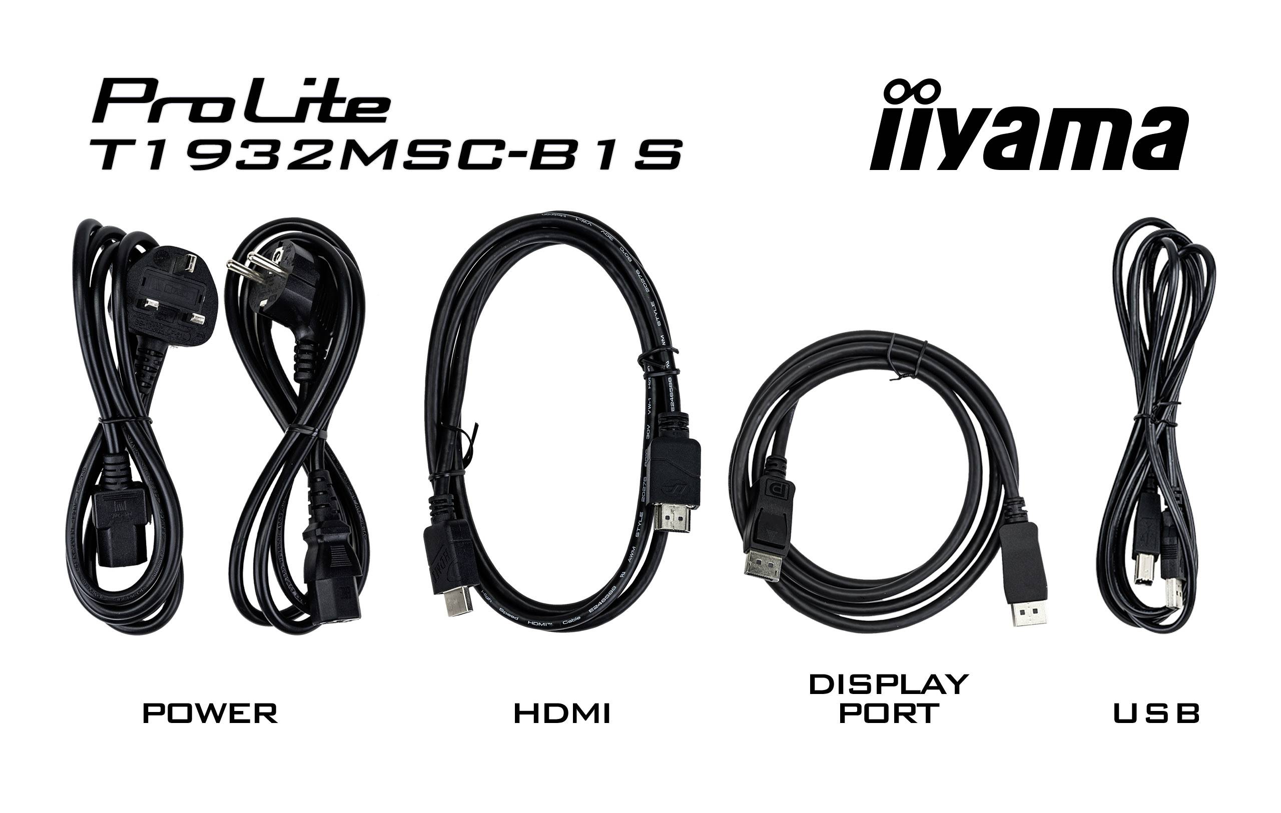 Obrázek zobrazuje čtyři kabely vedle sebe: 'POWER', 'HDMI', 'DISPLAY PORT', 'USB'. Značka 'iiyama' a model 'ProLite T1932MSC-B1S'.