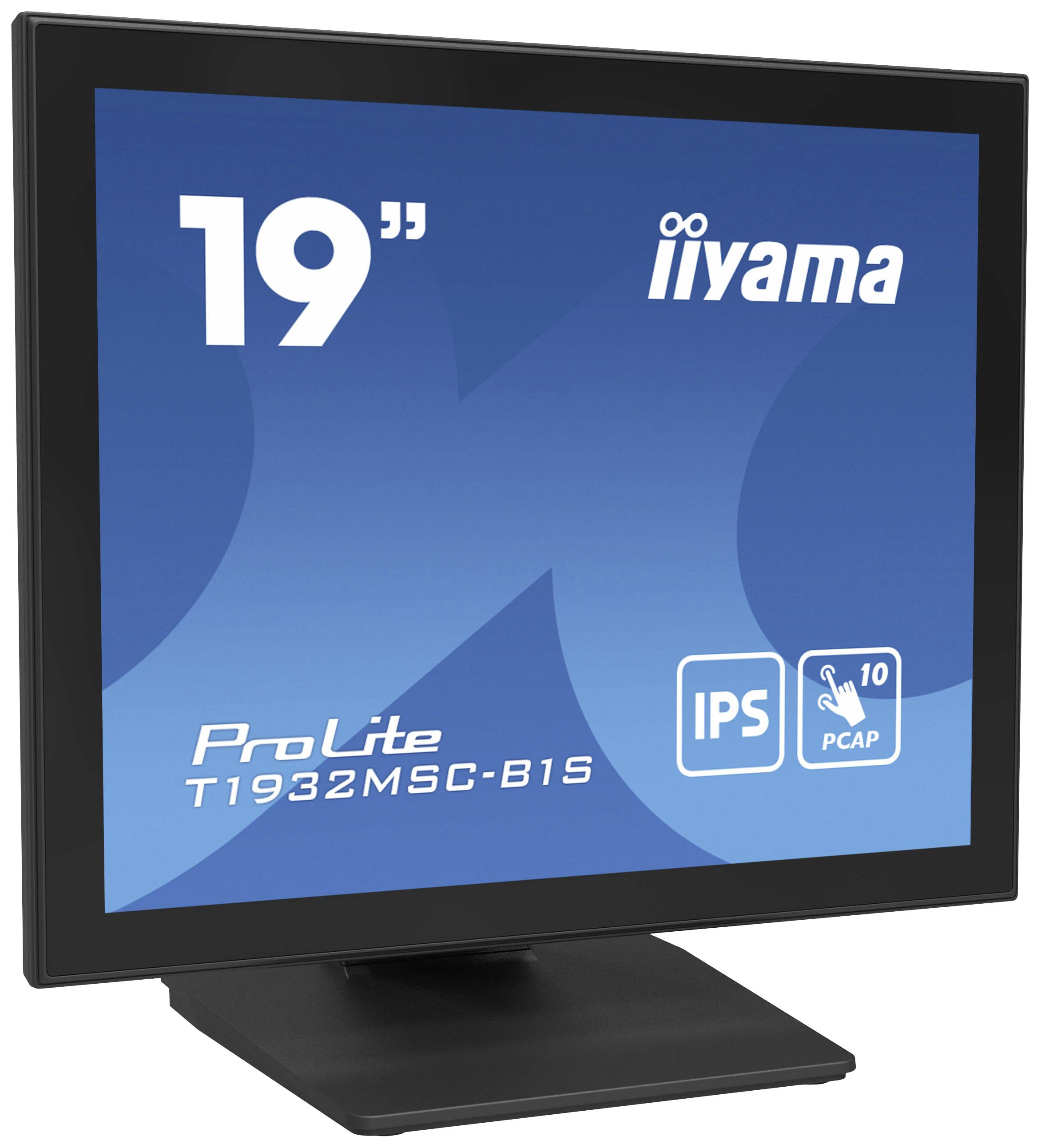 Černý monitor značky iiyama. Na obrazovce je napsáno: '19"' a 'ProLite T1932MSC-B1S'. Podporuje technologii IPS a je vybaven kapacitní dotykovou technologií PCAP.
