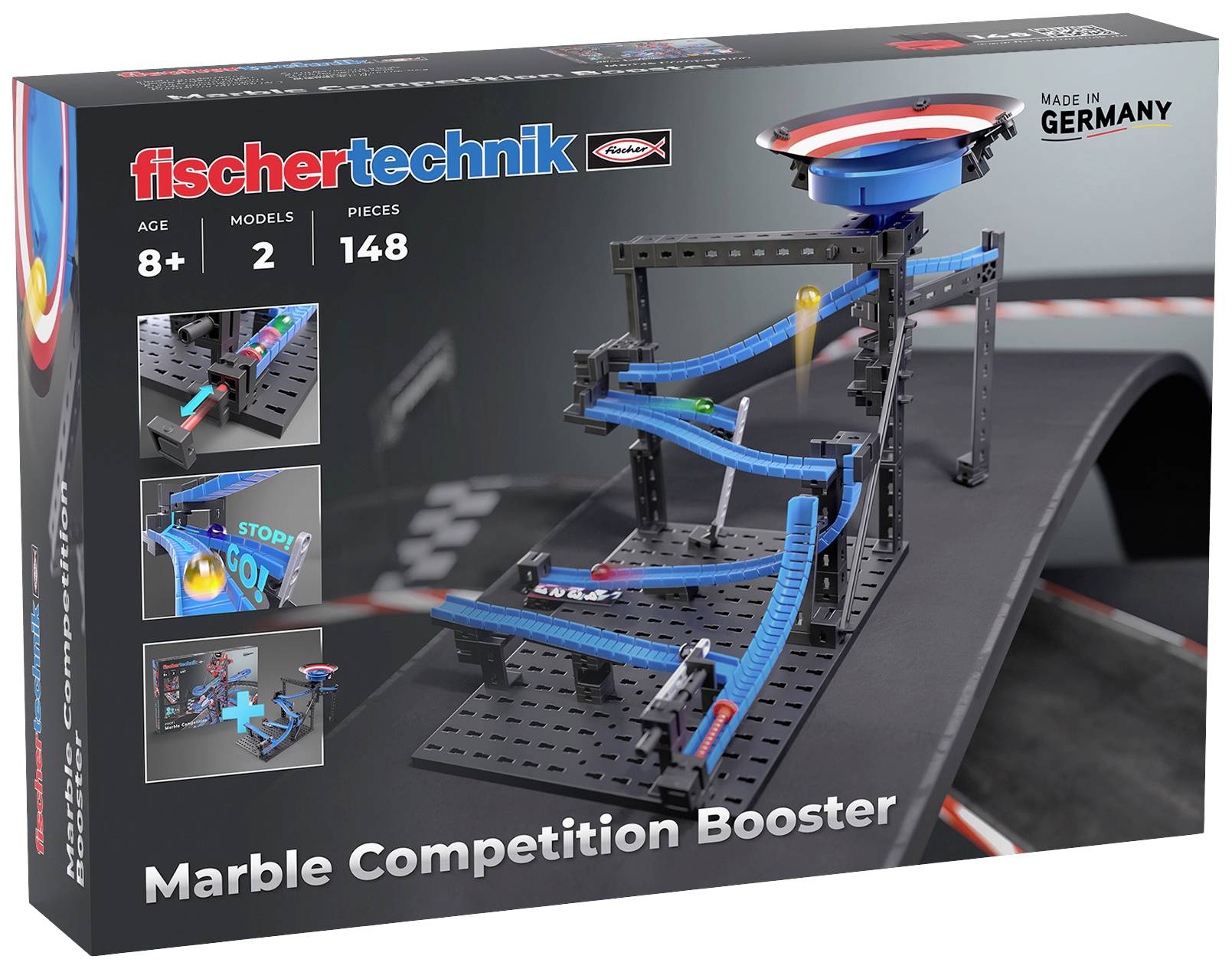 Stavebnice 'Marble Competition Booster' pro děti od 8 let. Obsahuje 2 modely se 148 díly. Včetně sady pro kuličkovou dráhu.