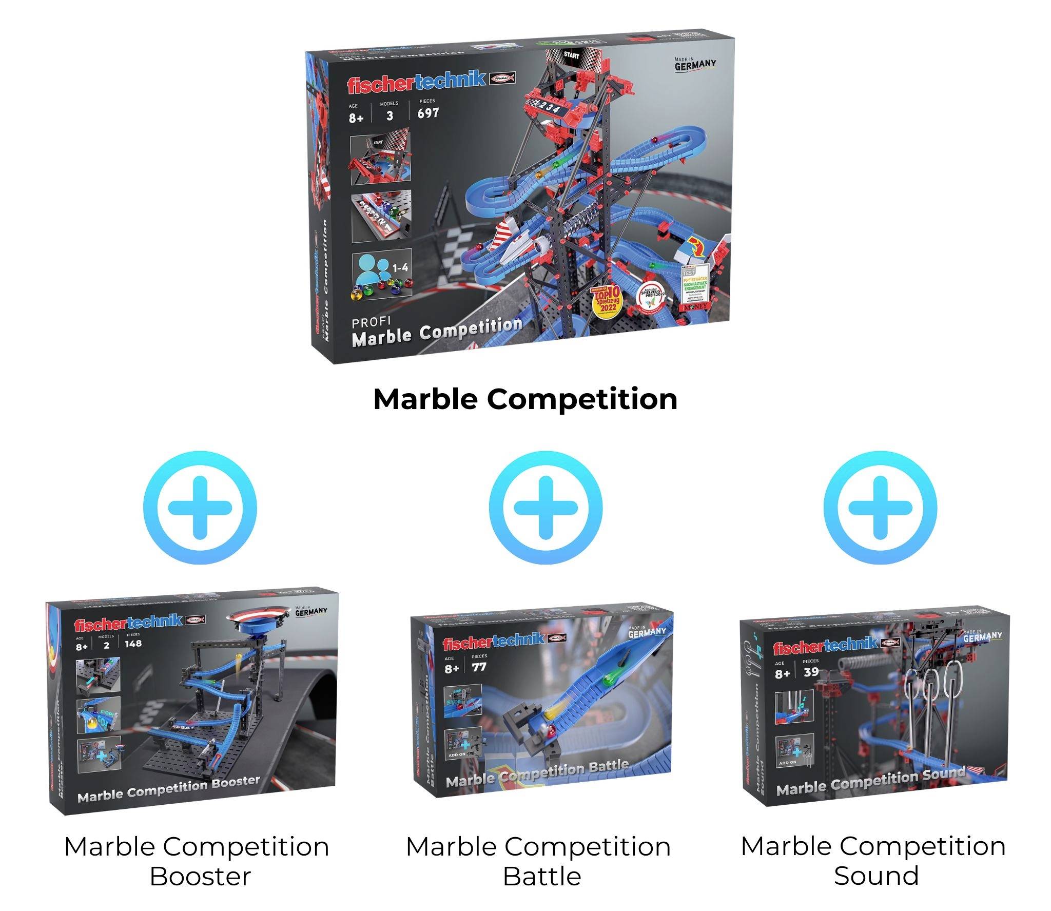 Technická herní sada 'Marble Competition' s dráhou Carrera. Obsahuje 'Booster', 'Battle' a 'Sound'. Sada podporuje technické porozumění a zábavu.