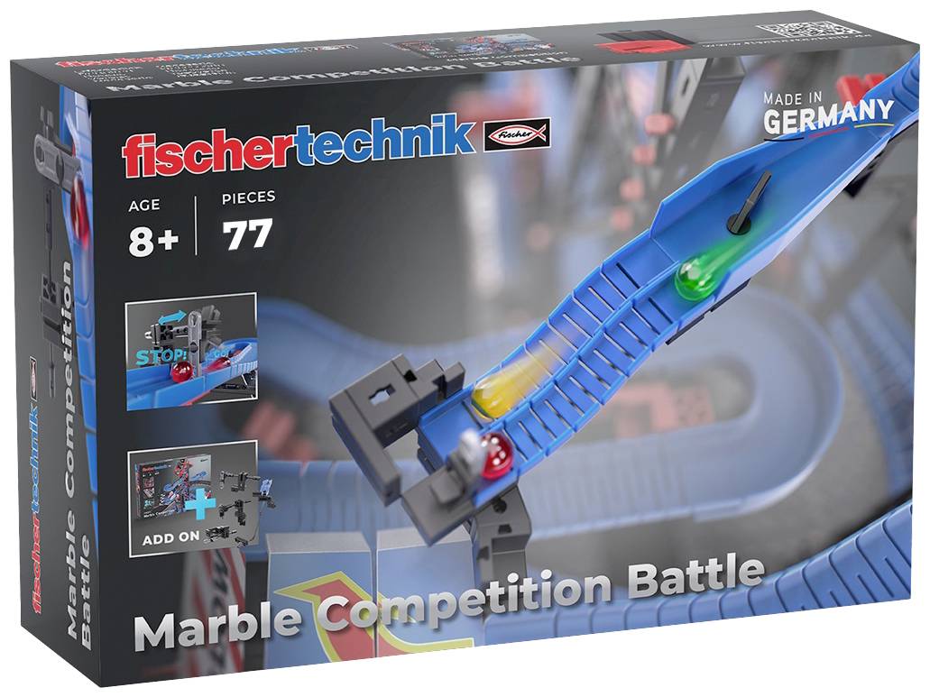 Sada hraček 'fischertechnik Marble Competition Battle', vhodná pro děti od 8 let, obsahuje 77 dílků, obrázek kuličkové dráhy.