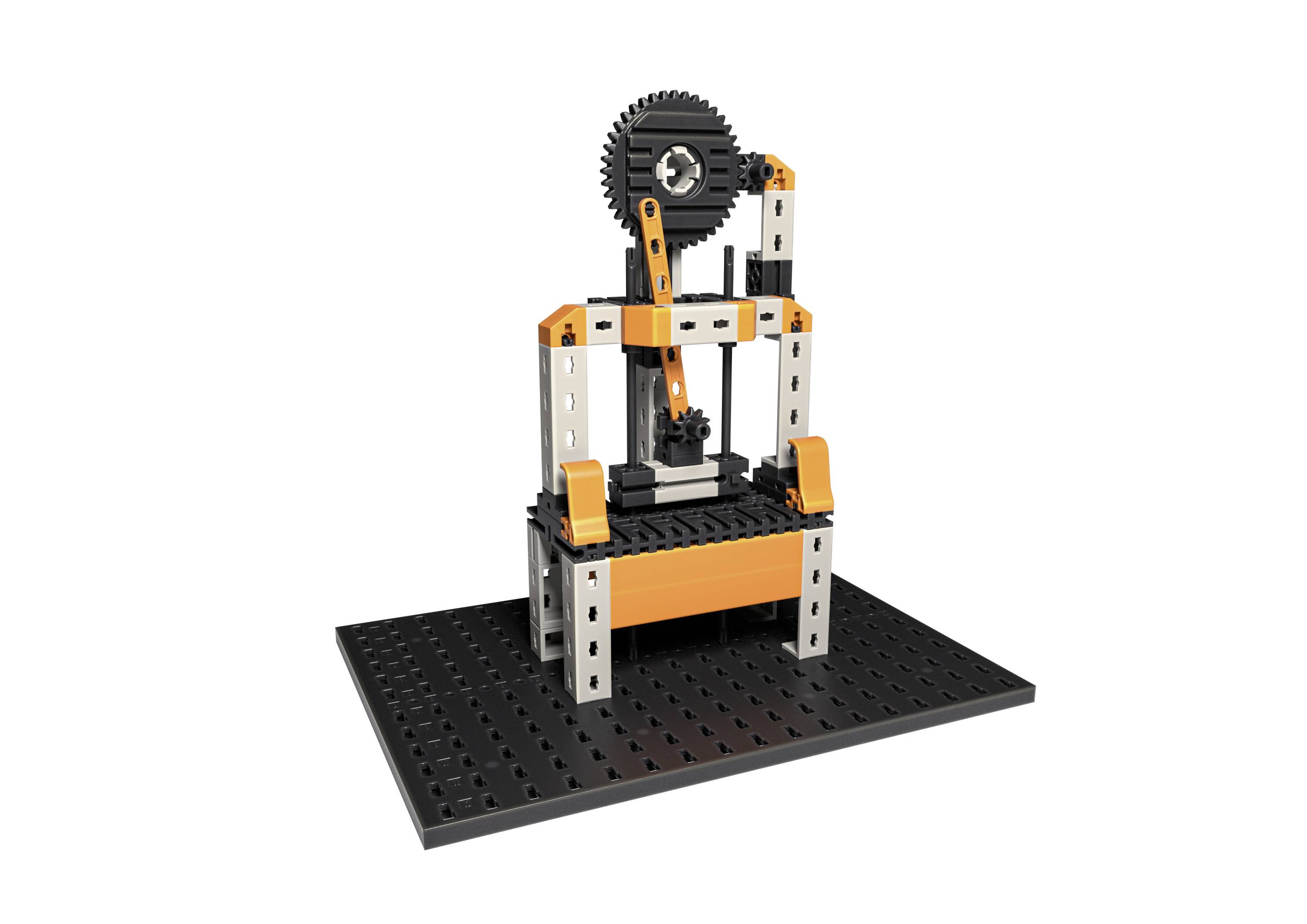 Lego model stroje se soukolím na černé základní desce, zvýrazněný oranžovou a stříbrnou barvou.