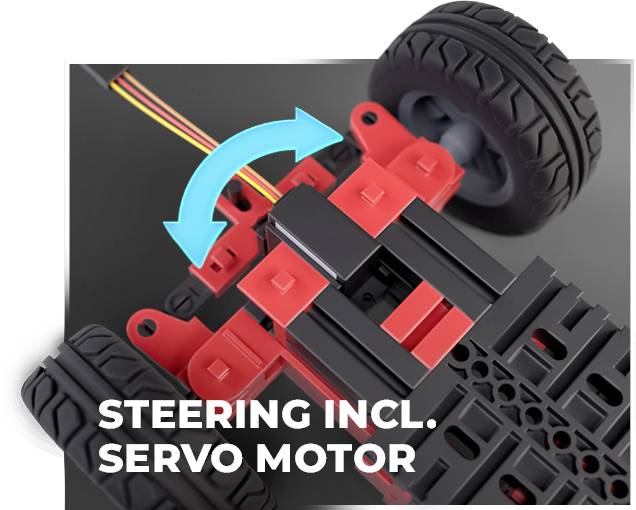 Červené a černé modelové auto ukazuje mechanismus řízení se servopohonem. Modrý šipka symbolizuje směr otáčení kol.