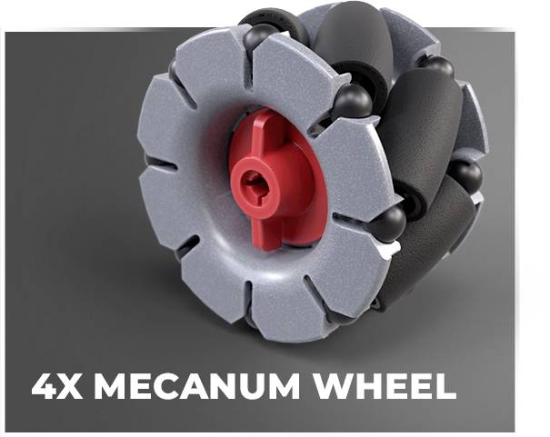 '4x Mecanum Wheel': Detailní záběr Mecanum kola s šedými a černými komponenty na černém pozadí.