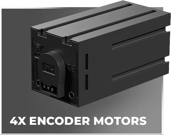 '4X Enkodérové motory' s černým blokem motoru, čtvercový tvar, několik drážek, ukazuje robustní design pro technické aplikace.