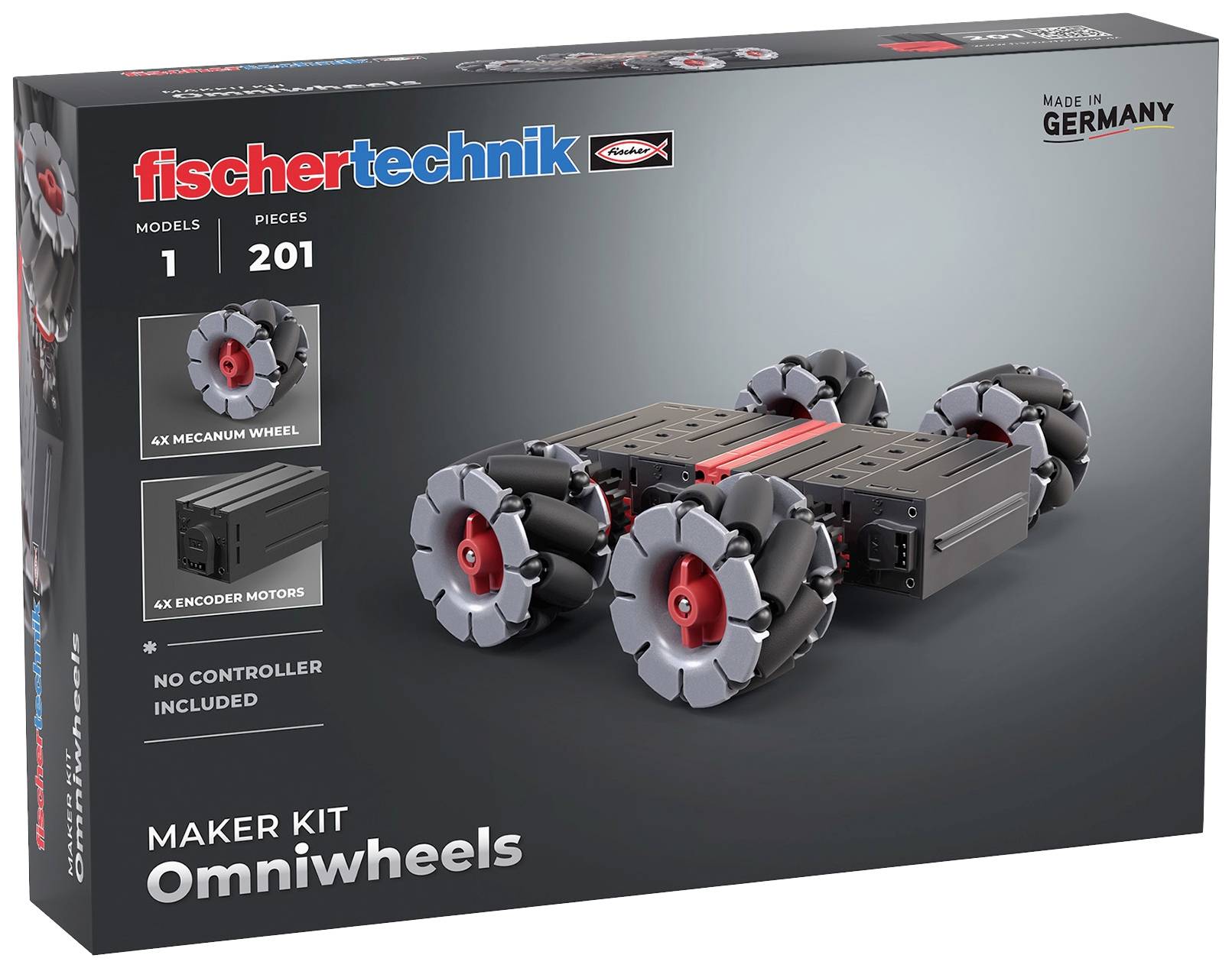 Stavebnice pro Omniwheels se 4 mechanikovými koly a 4 motory. Obsahuje 201 dílů. Řízení není součástí. Vyrobeno v Německu.
