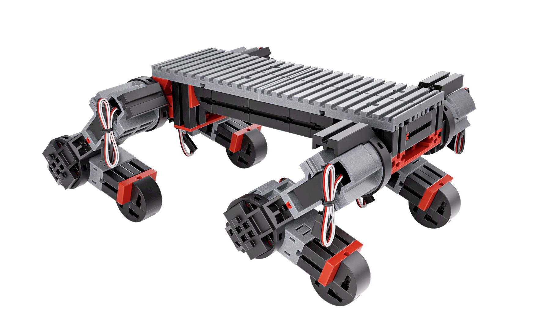 Čtyřnohý robot z šedého a červeného plastu. Struktura připomíná mechanické zvíře s pružnými končetinami.