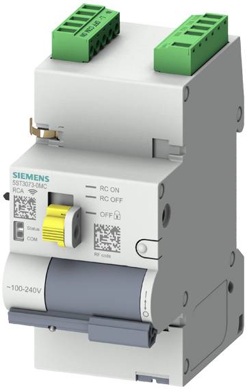 Šedostříbrný elektrický spínač značky Siemens se zelenými svorkami nahoře, žlutou pákou a vytištěnými detaily výrobku.