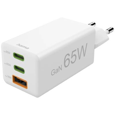 Bílá nabíječka Hama GaN se dvěma USB-C a jedním USB-A portem. Nápis: '65W GaN'.