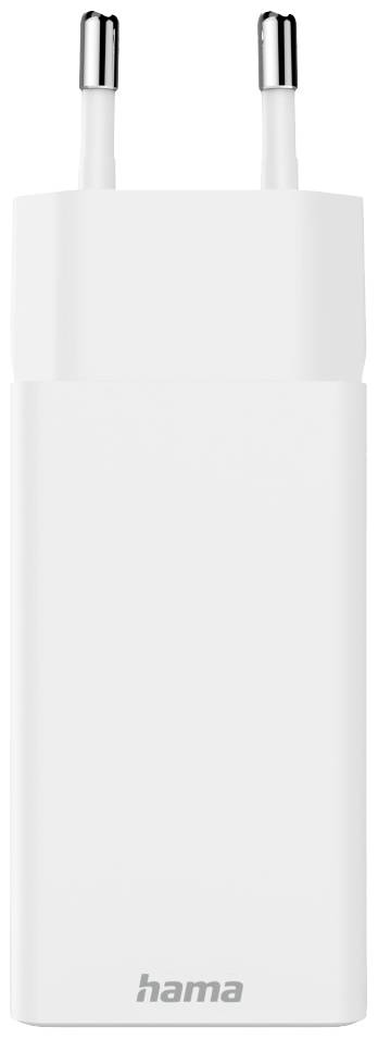 Bílá síťová USB nabíječka Hama se dvěma konektory, vhodná pro evropské zásuvky. Ideální pro nabíjení smartphonů a tabletů.