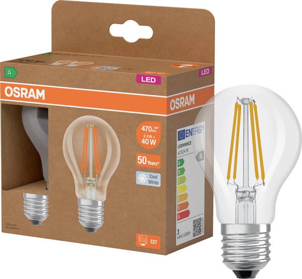 OSRAM HOMELIGHTING 4099854259715 LED Energetická třída (EEK2021) A (A - G) E27 klasická žárovka 2.2 W = 40 W neutrální bílá (Ø x v) 60 mm x 60 mm  2 ks