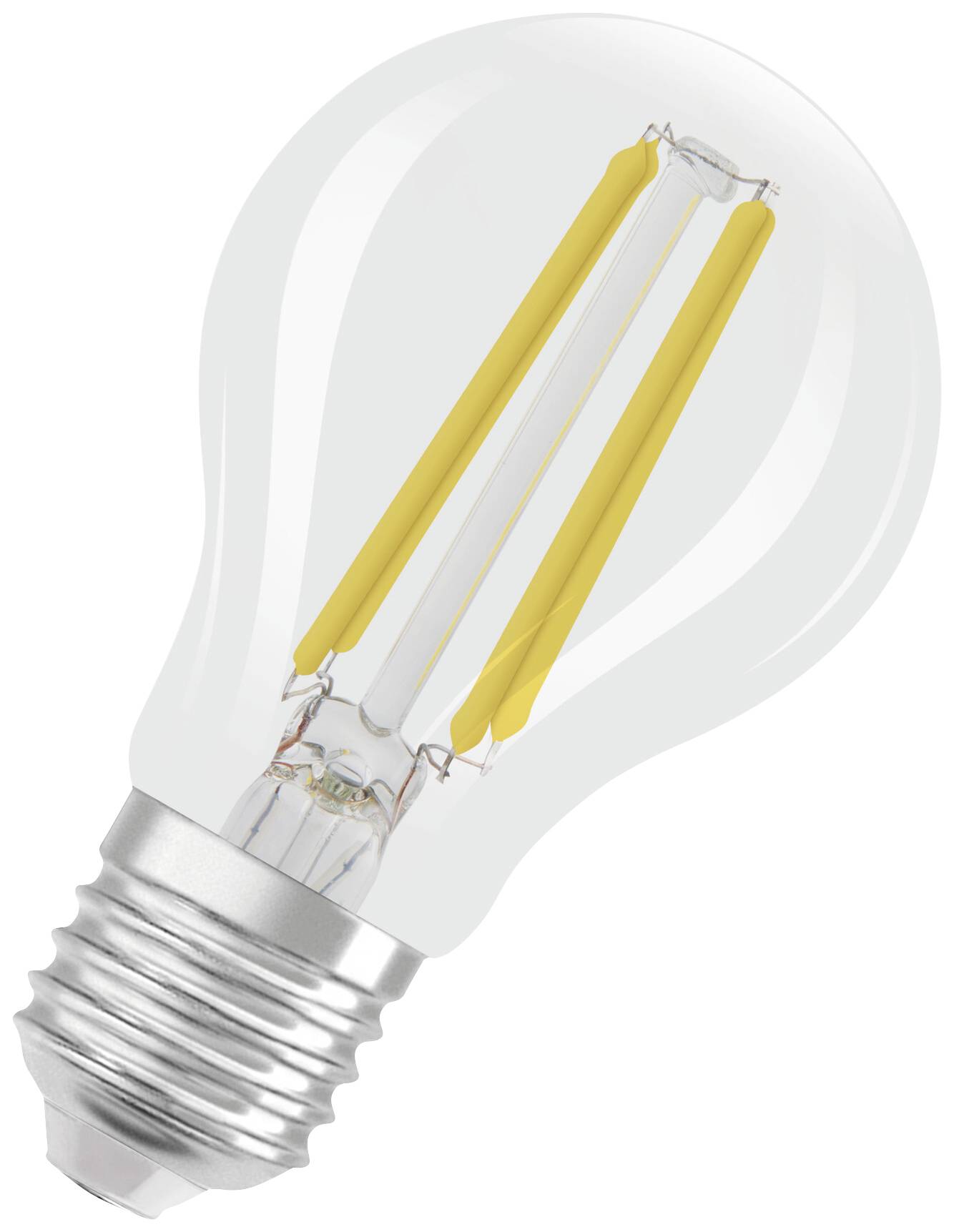 LED žárovka s viditelnými žlutými vlákny a stříbrnou paticí, zobrazená před bílým pozadím.