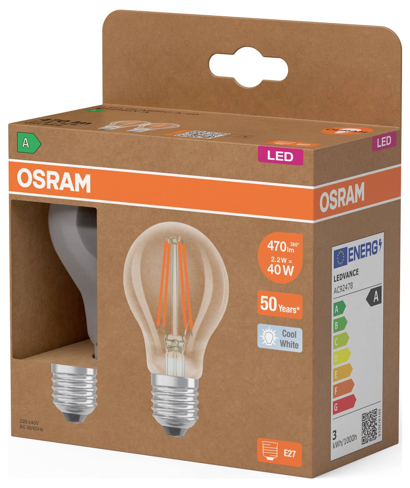 OSRAM LED žárovka v balení s jasným obrázkem žárovky, „Chladná bílá", ekvivalent 40W, patice E27 a štítkem energetické třídy.