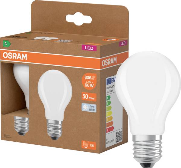 OSRAM HOMELIGHTING 4099854259777 LED Energetická třída (EEK2021) A (A - G) E27 klasická žárovka 3.8 W = 60 W neutrální bílá (Ø x v) 60 mm x 60 mm  2 ks