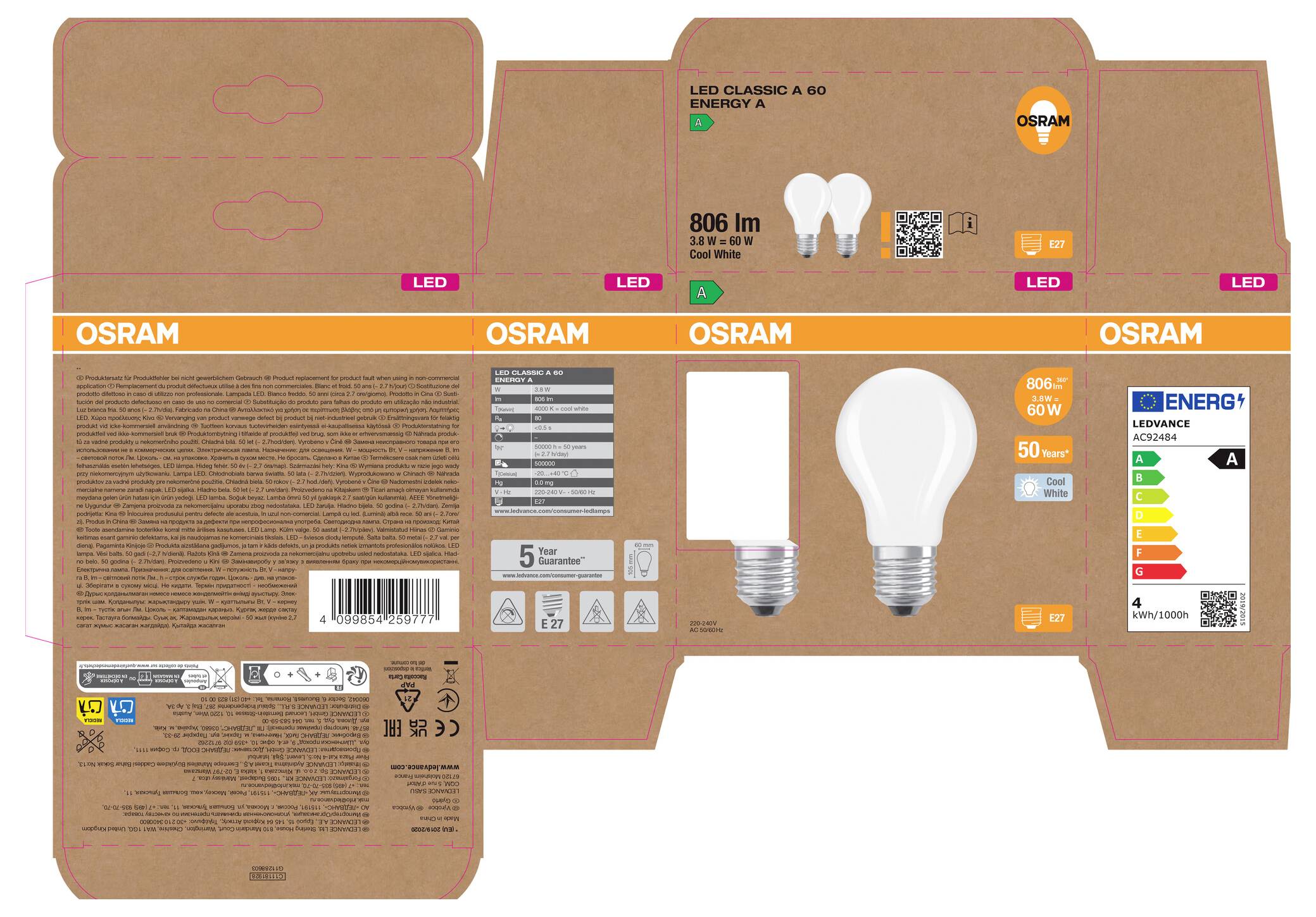 OSRAM LED Classic A60 žárovka v maloobchodním balení z hnědého kartonu s obrázkem produktu, 806 lm, 6,5W a energetickým štítkem.