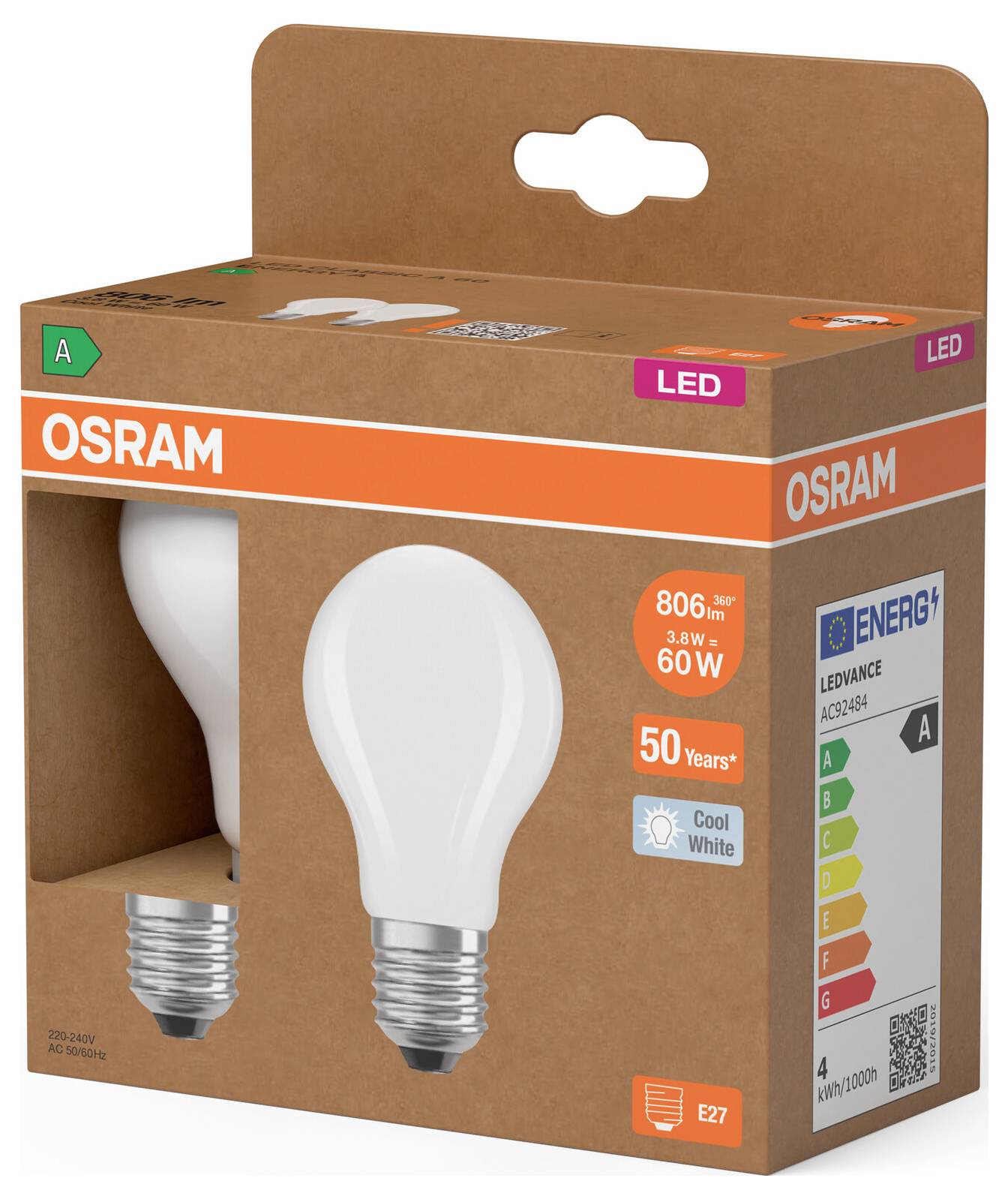 Balení LED žárovky OSRAM se dvěma obrázky žárovek, označeno ekvivalent 60W, 806 lumenů, chladná bílá, patice E27, energetická třída A.