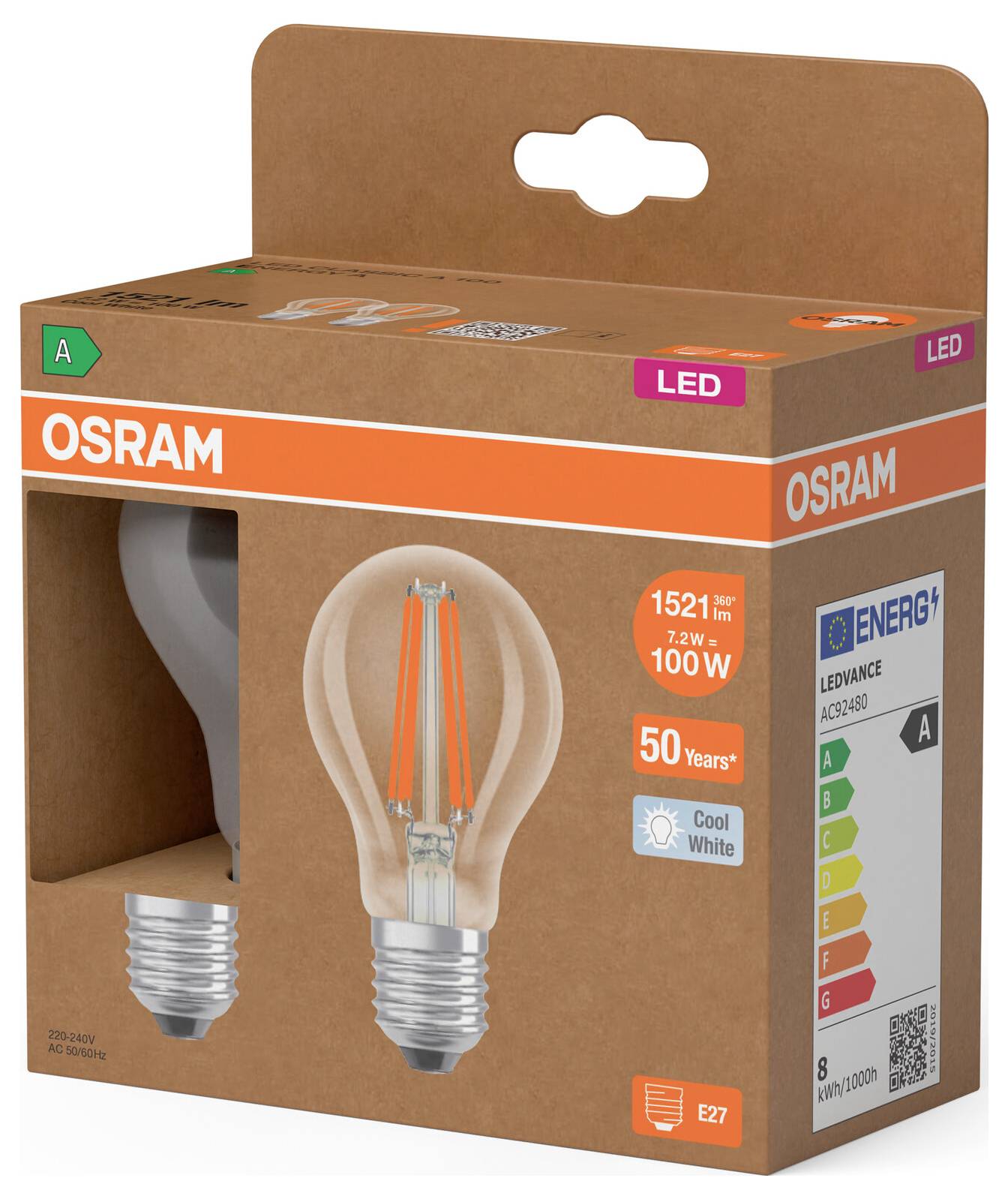 Krabice LED žárovky OSRAM s viditelným obrázkem žárovky, patice E27, ekvivalent 100W, studená bílá, a energetická třída A.