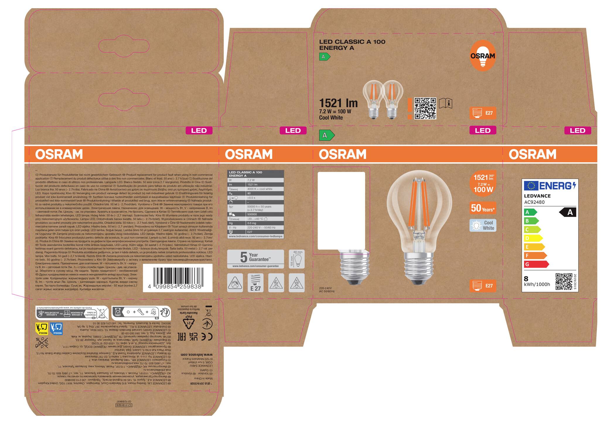 Obal žárovky OSRAM LED classic A100 v hnědé lepenке, zobrazující žárovku o výkonu 1521 lm, ekvivalent 100 W, 50 W se štítkem energetické účinnosti a detaily produktu.