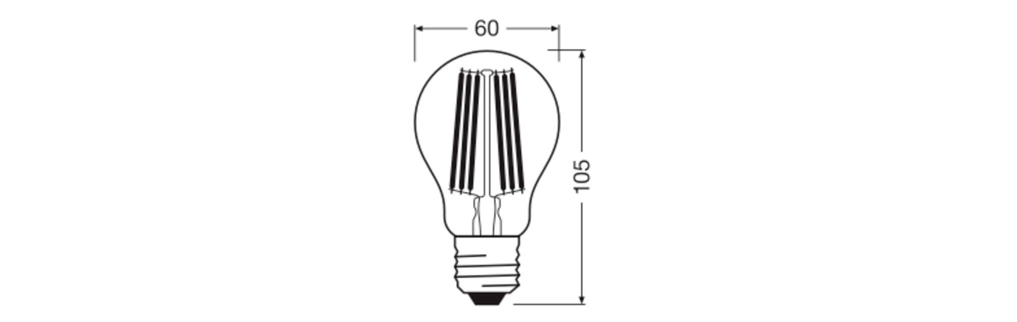 Černobílá kresba žárovky o šířce 60 mm a výšce 105 mm, s rozměry zobrazenými vedle žárovky.