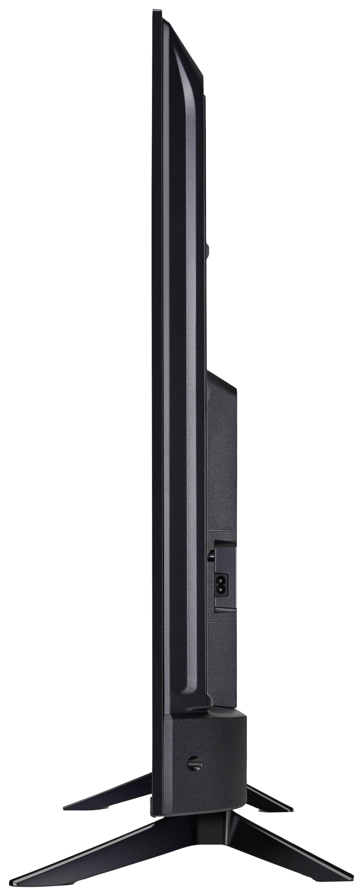 Plochá obrazovka pohledem z boku ukazuje štíhlou konstrukční výšku a design podstavce.