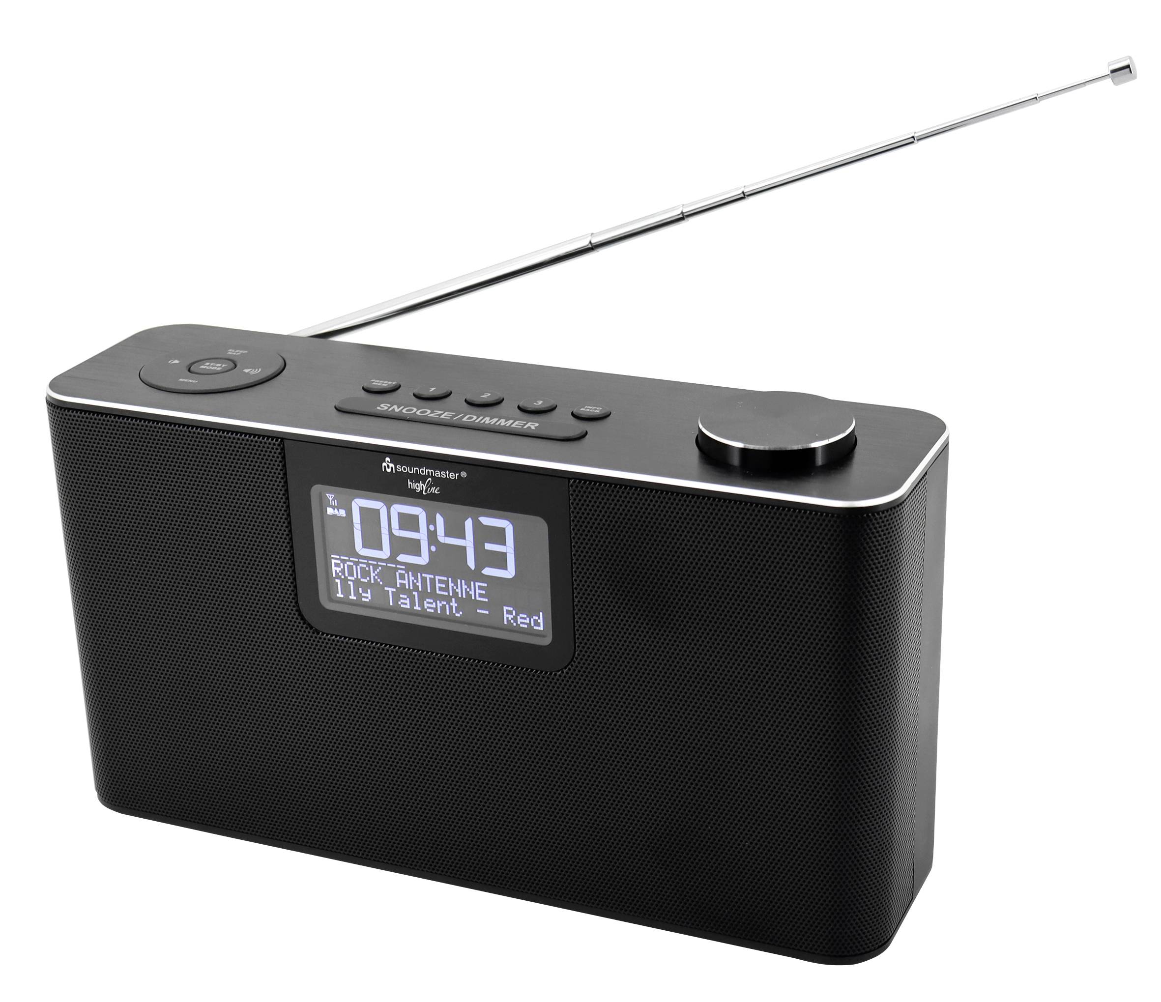 Přenosné rádio s teleskopickou anténou. Na displeji jsou zobrazeny '09:43', 'ROCK ANTENNE' a název písně.