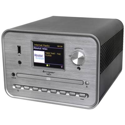 Stříbrné internetové rádio zobrazuje na displeji 'Absolut relax' s písní 'Take That - The Flood', tlačítka dole.