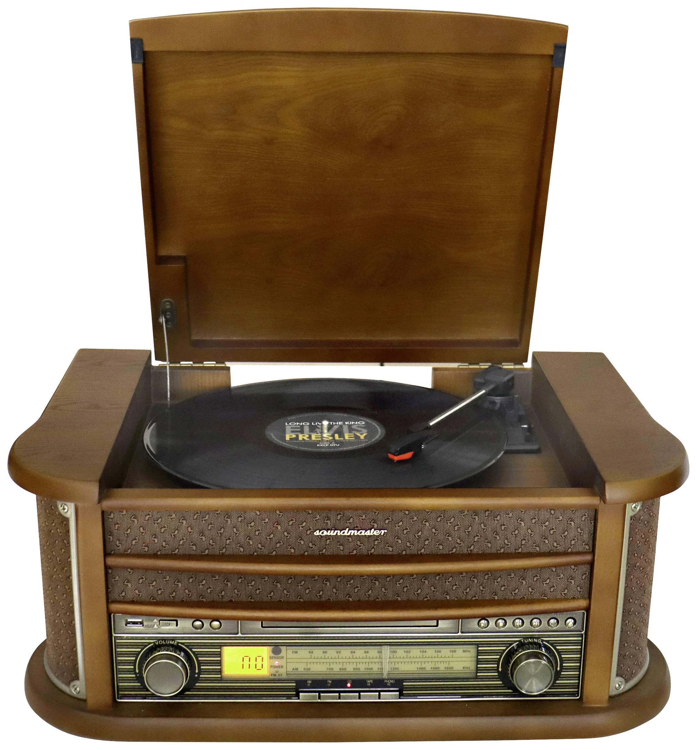 Vintage gramofon s otevřeným víkem přehrává gramofonovou desku. Design je obložen dřevem a součástí soupravy je rádio a CD přehrávač.