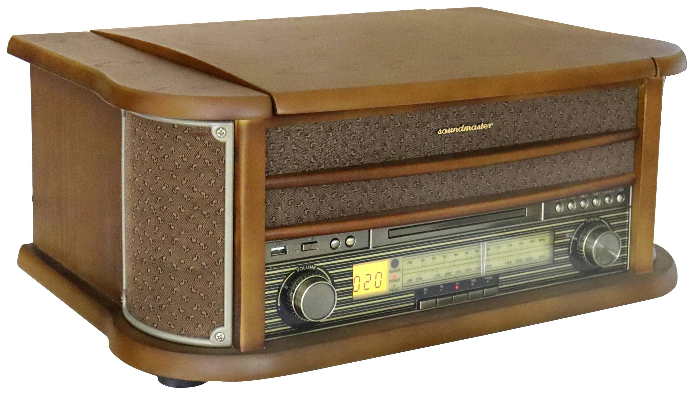 Dřevěné rádio v retro designu s otočnými knoflíky a digitálním displejem uprostřed.