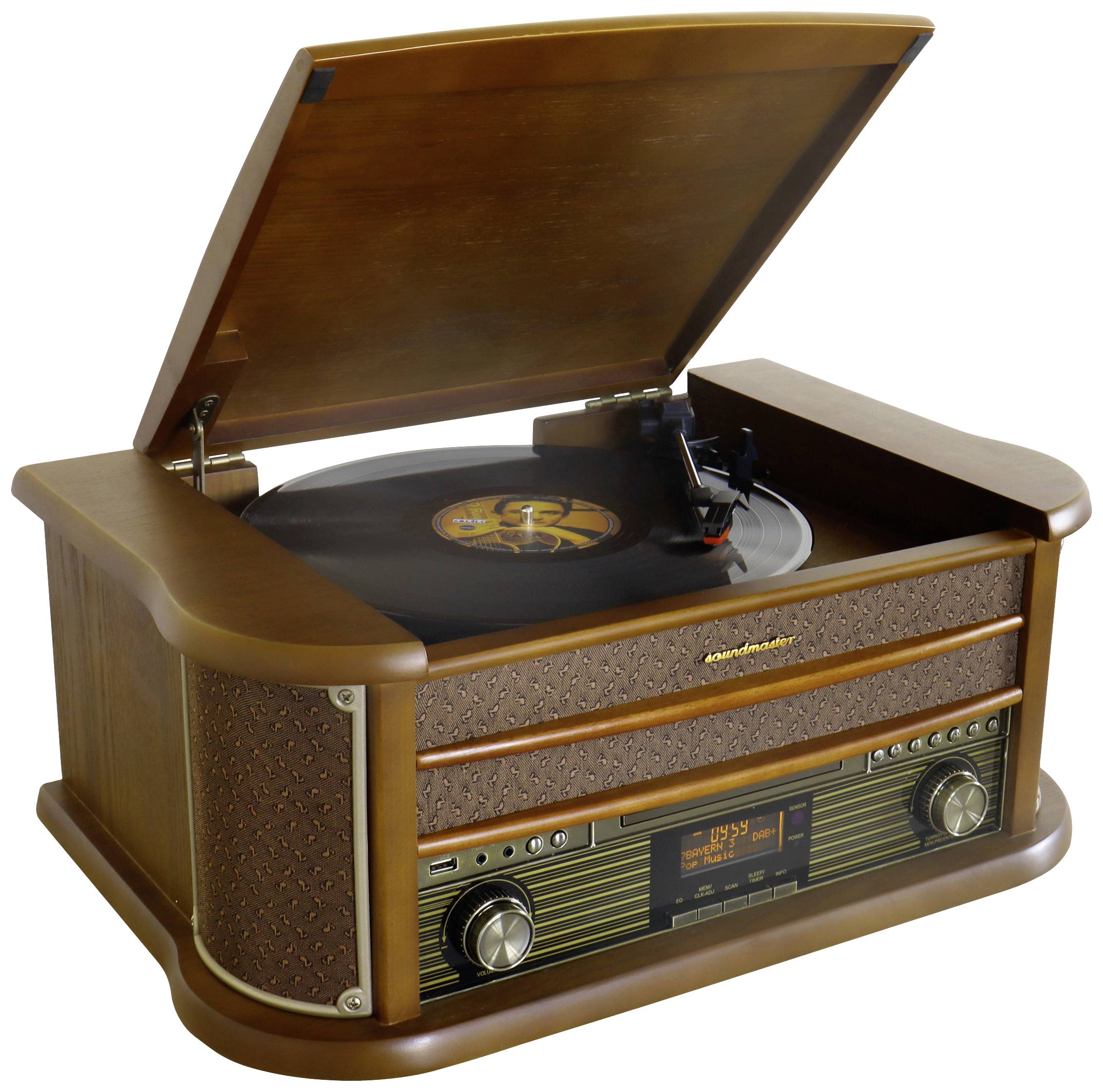 Retro gramofon s otevřeným krytem přehrává vinylovou desku. Přístroj je zdoben dřevěnými prvky a má otočné knoflíky.