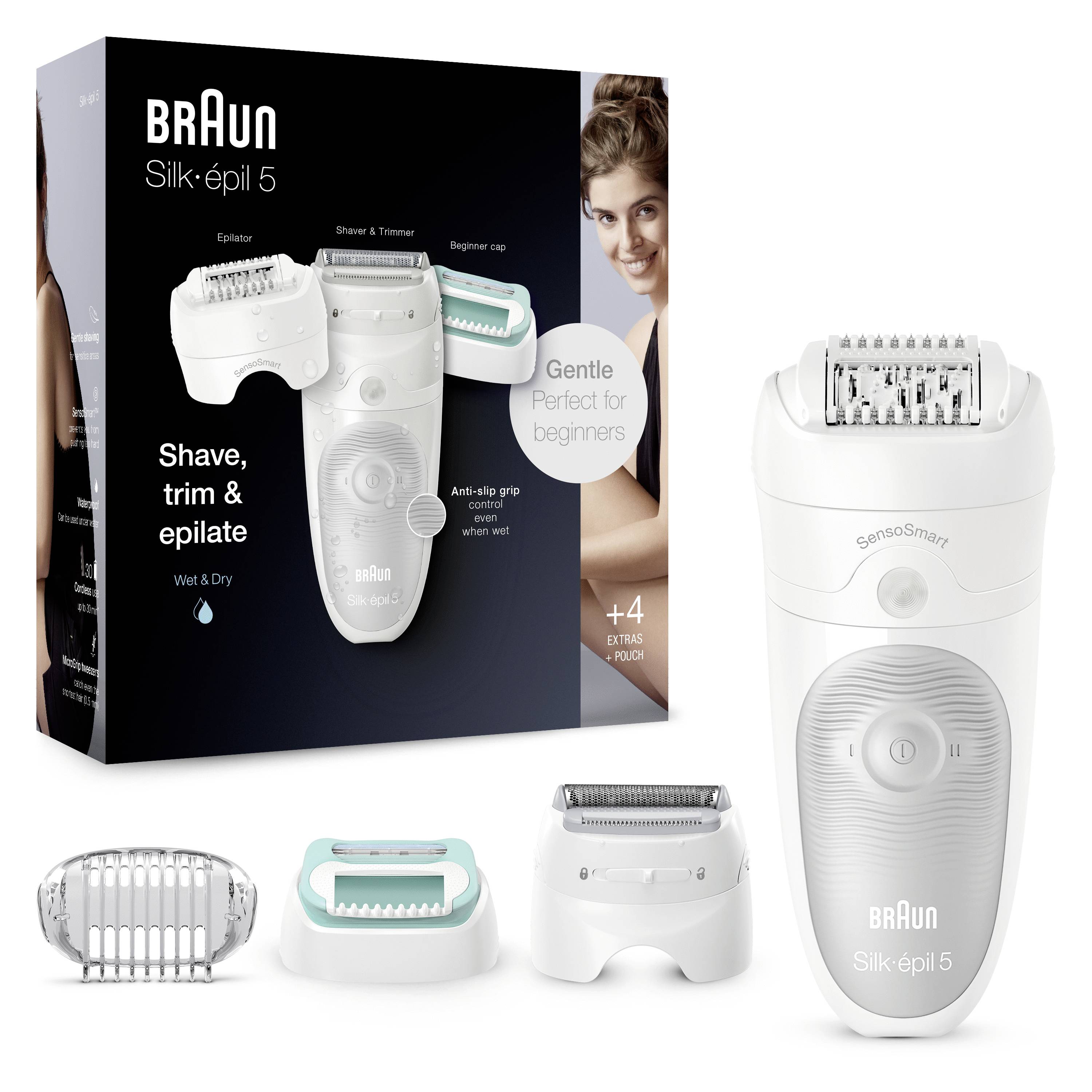Epilátor Braun Silk-épil 5: bílý epilátor se třemi nástavci. Balení zobrazuje produkt a zdůrazňuje, že je „jemný, ideální pro začátečníky".