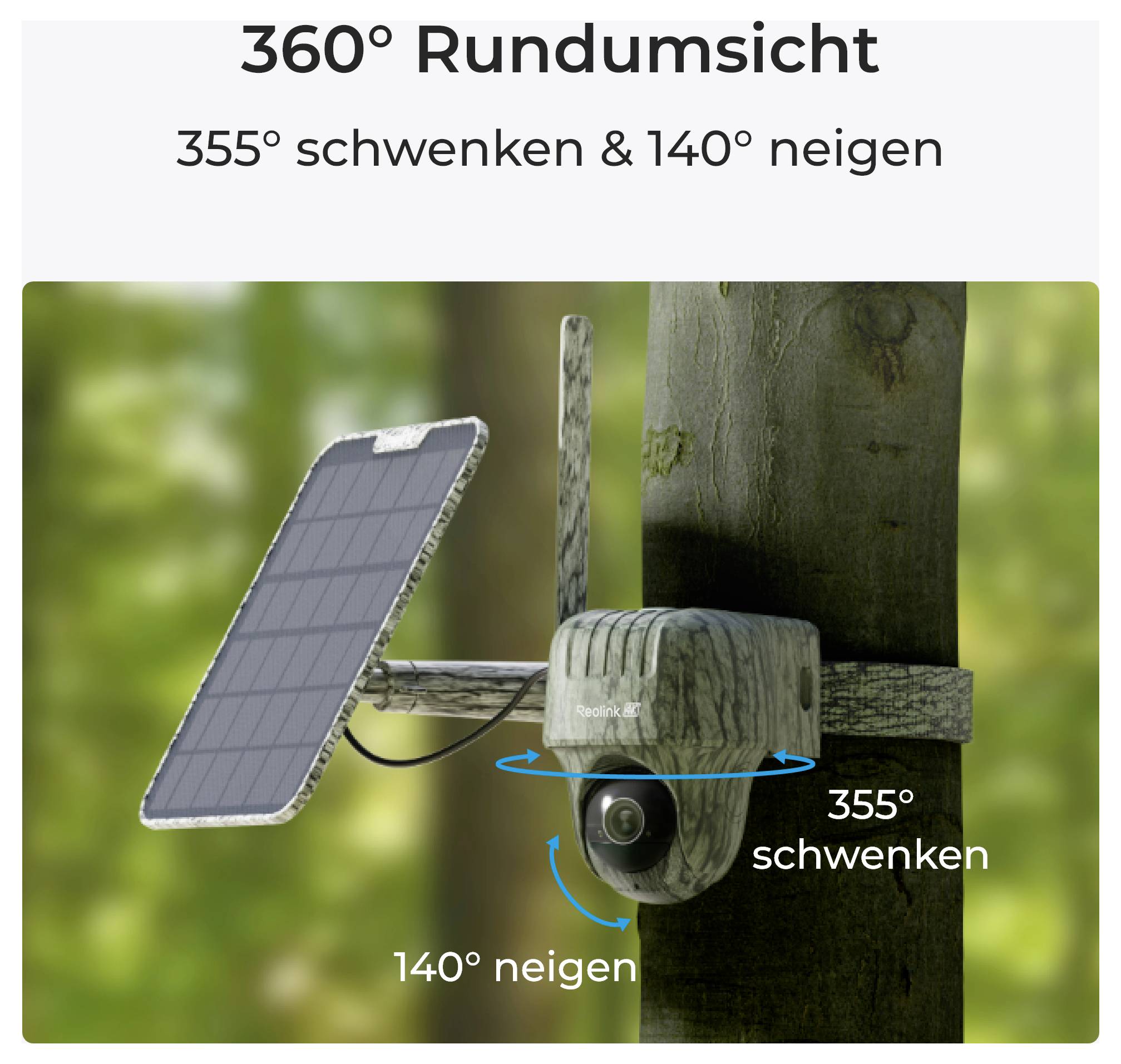 Kamera namontovaná na stromě se solárním panelem nabízí '360° všesměrový výhled', otáčející se o 355° a nakláněná o 140° v lesním prostředí.