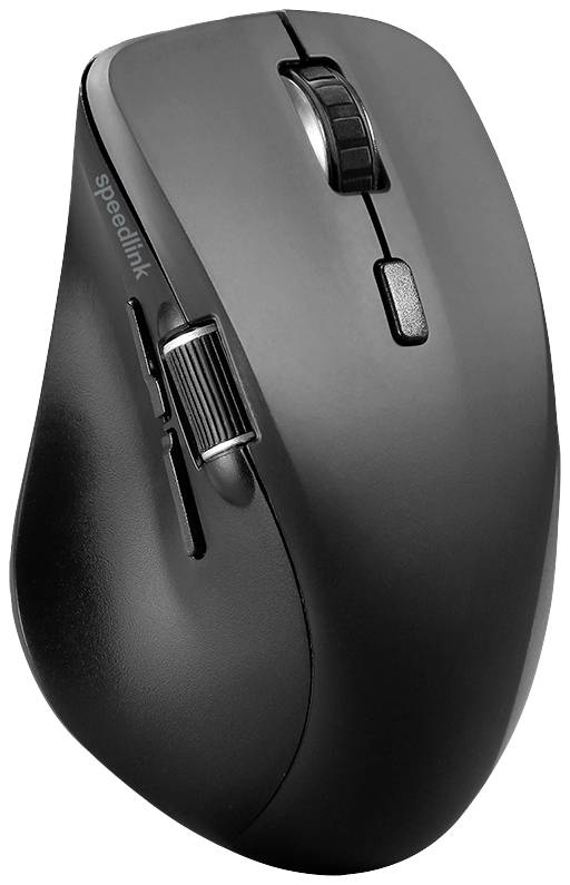 Bezdrátová ergonomická počítačová myš v černé barvě, s kolečkem pro posun a bočními tlačítky, určená pro přesnou navigaci a pohodlnou práci.
