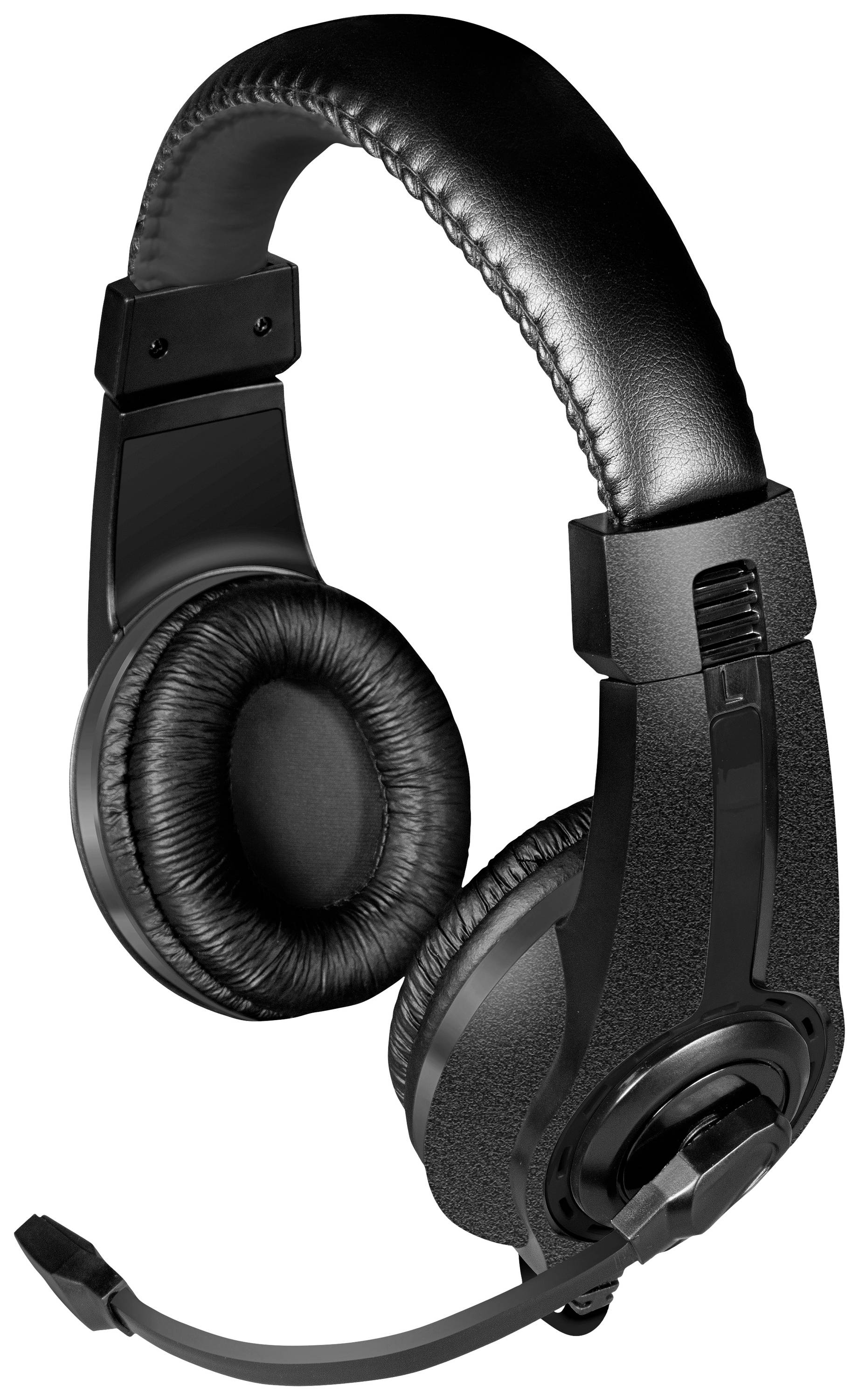Černá over-ear sluchátka s polstrovanými mušlemi a nastavitelným mikrofonem. Ideální pro telefonické hovory nebo hraní her.