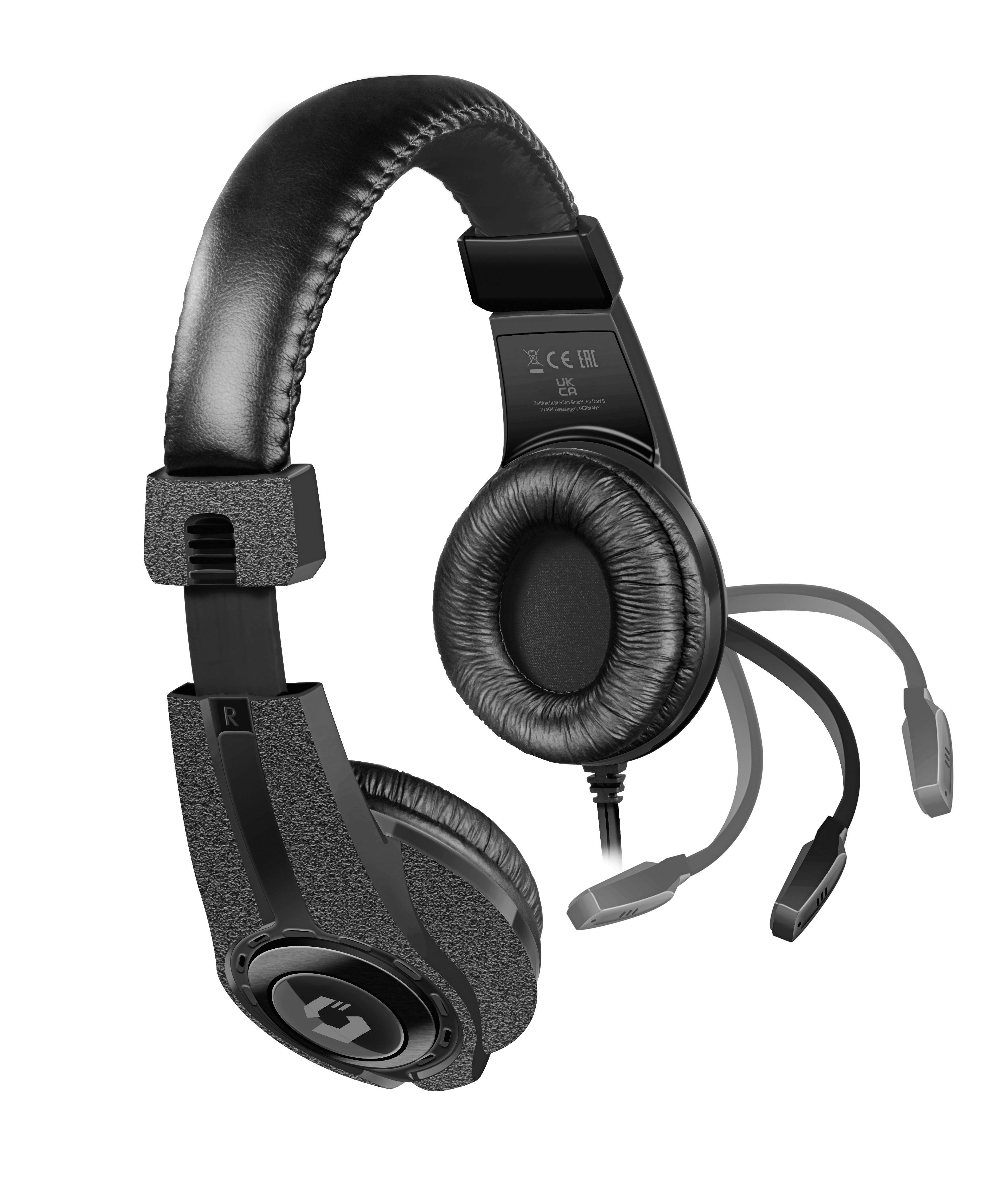 Černá sluchátka s polstrovanými náušníky a nastavitelným hlavovým mostem, vhodná pro audio aplikace nebo komunikaci.