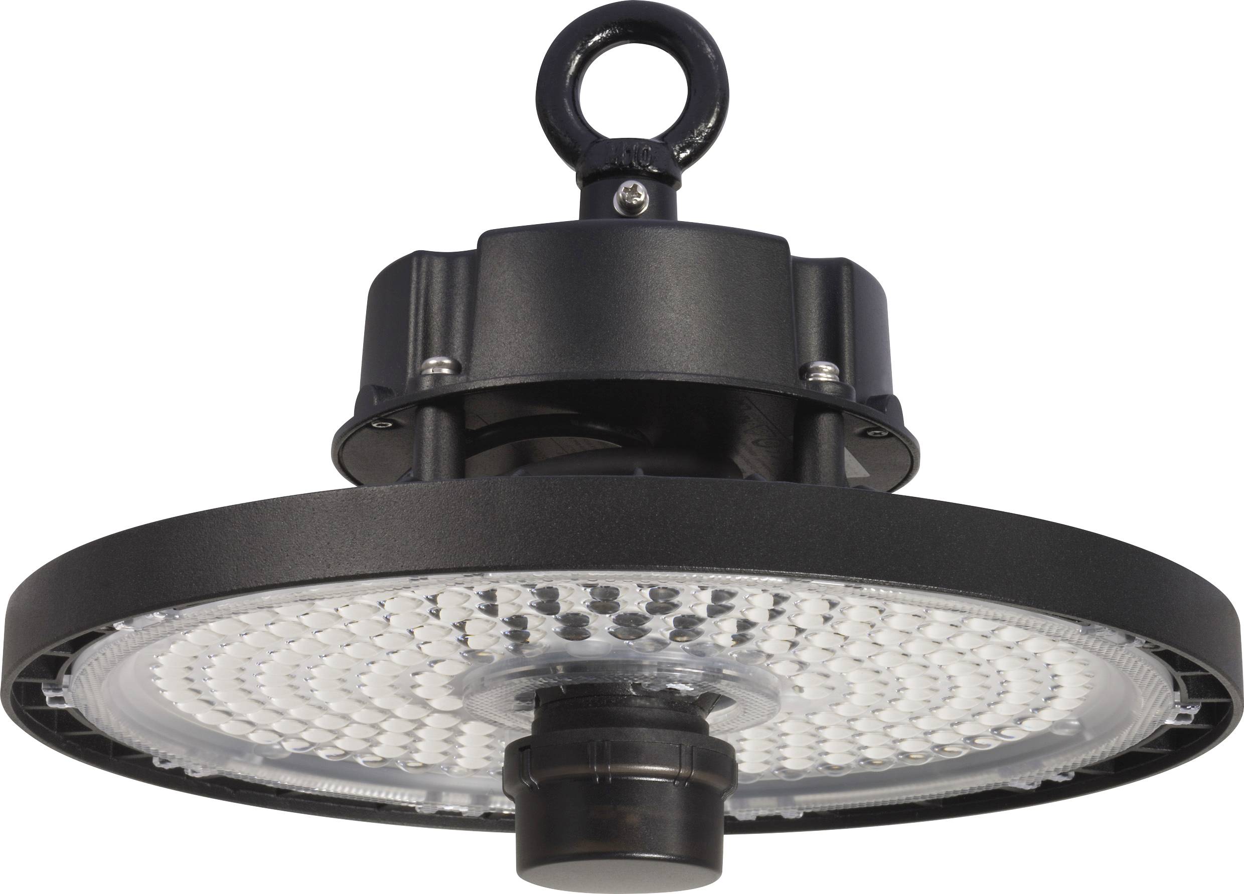 Kulatá černá LED průmyslová lampa s hákem nahoře, vhodná pro osvětlení hal.