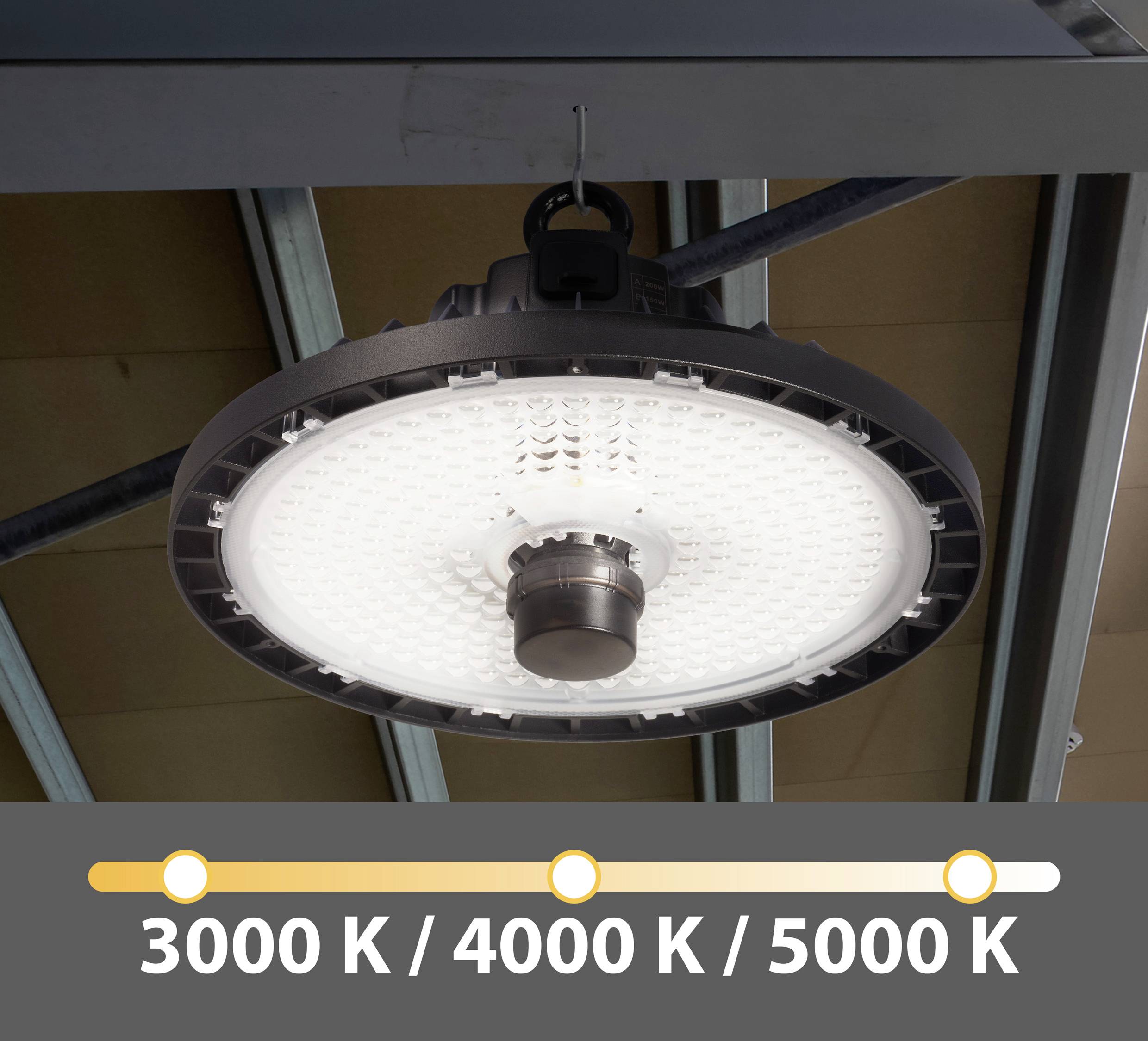 LED lampa zavěšená na stropě. Pod ní stupnice barevných teplot: '3000 K', '4000 K' a '5000 K'.