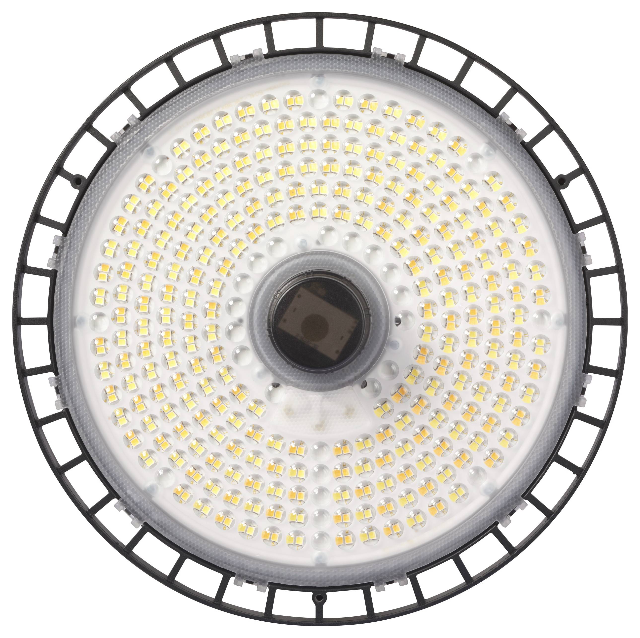 Kulatá LED lampa s mnoha malými, pravidelně rozmístěnými LED diodami a černou mřížkou. Pohled shora.