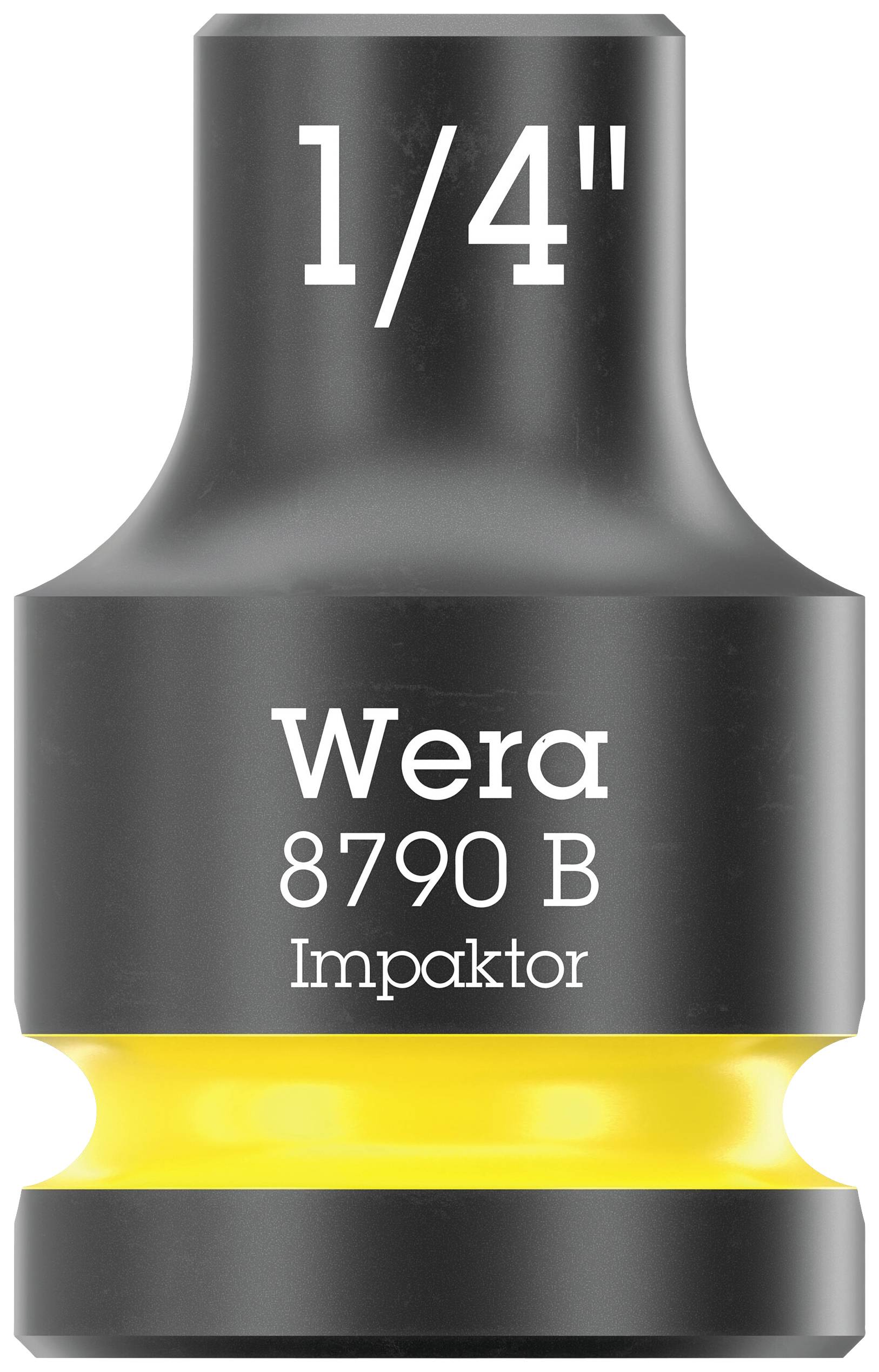 Wera 8790 B Impaktor, nástrčný klíč s 1/4palcovou přípojkou, černý povrch se žlutým pruhem, robustní design pro vysoké zatížení.