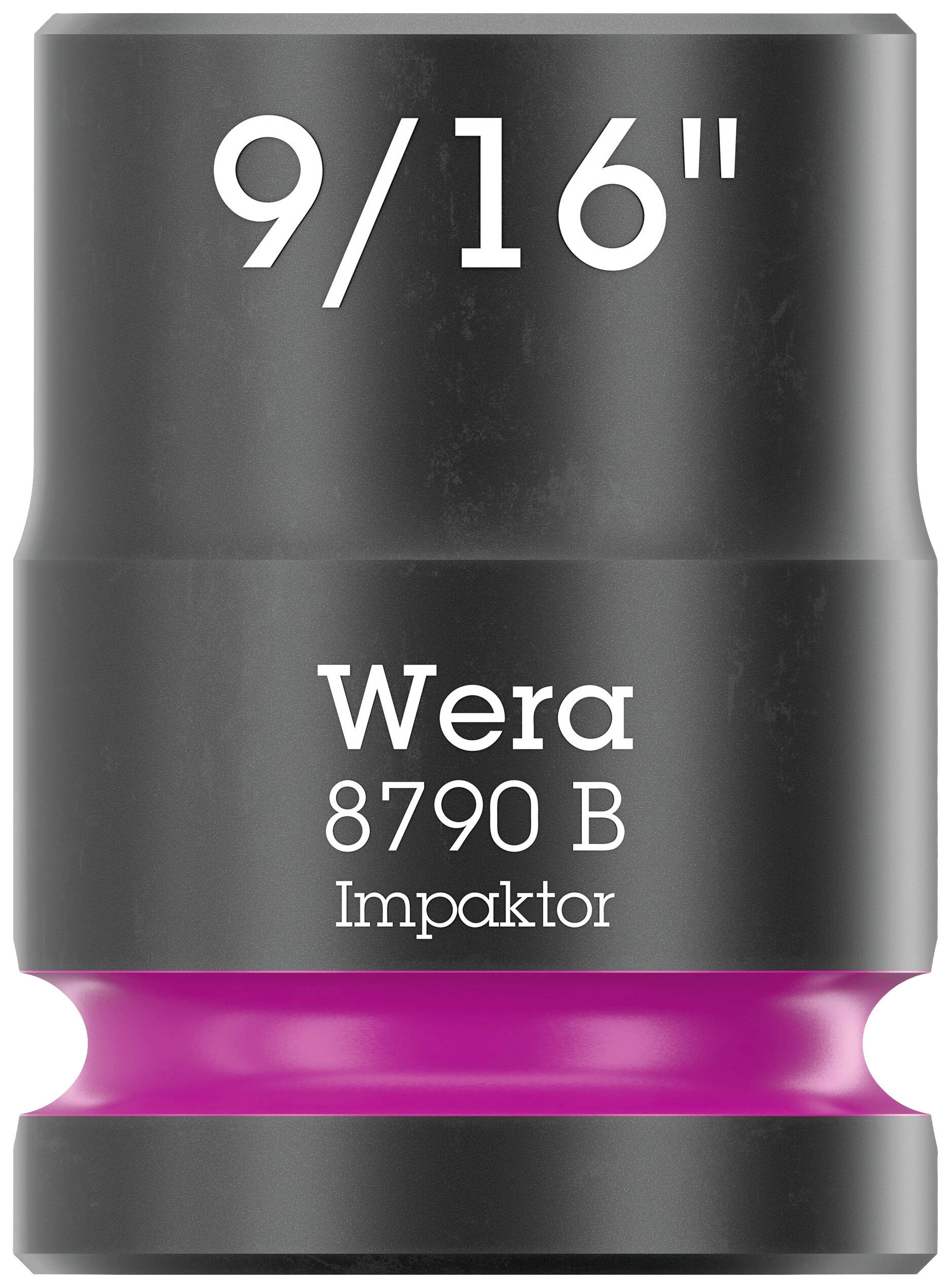 Černá, válcová nástrčná hlavice Wera 8790 B Impaktor s růžovými akcenty a nápisem '9/16"'.
